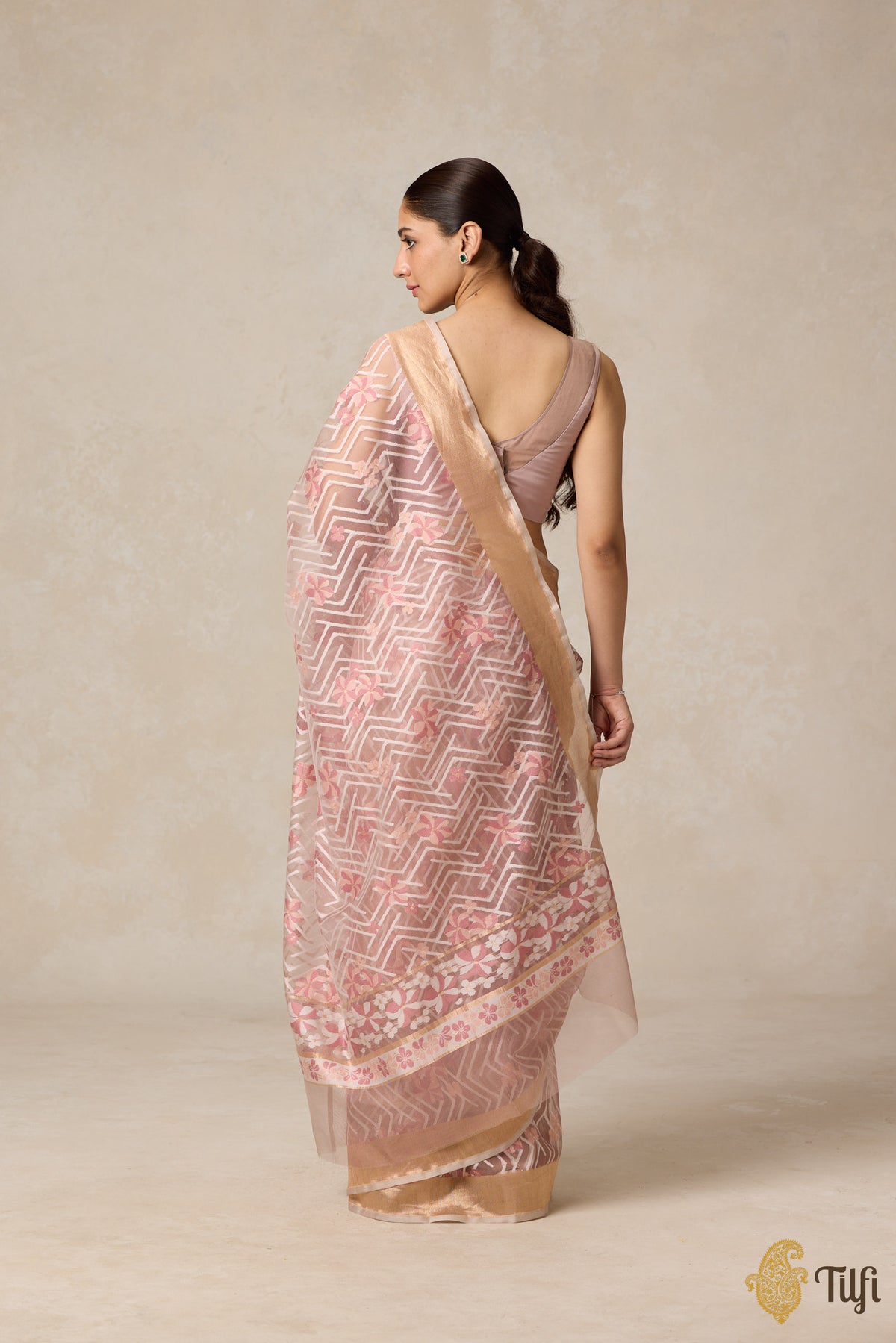 &#39;A Cascade of Geraniums&#39; Pastel Brown Pure Kora Silk Net Banarasi Handloom Saree