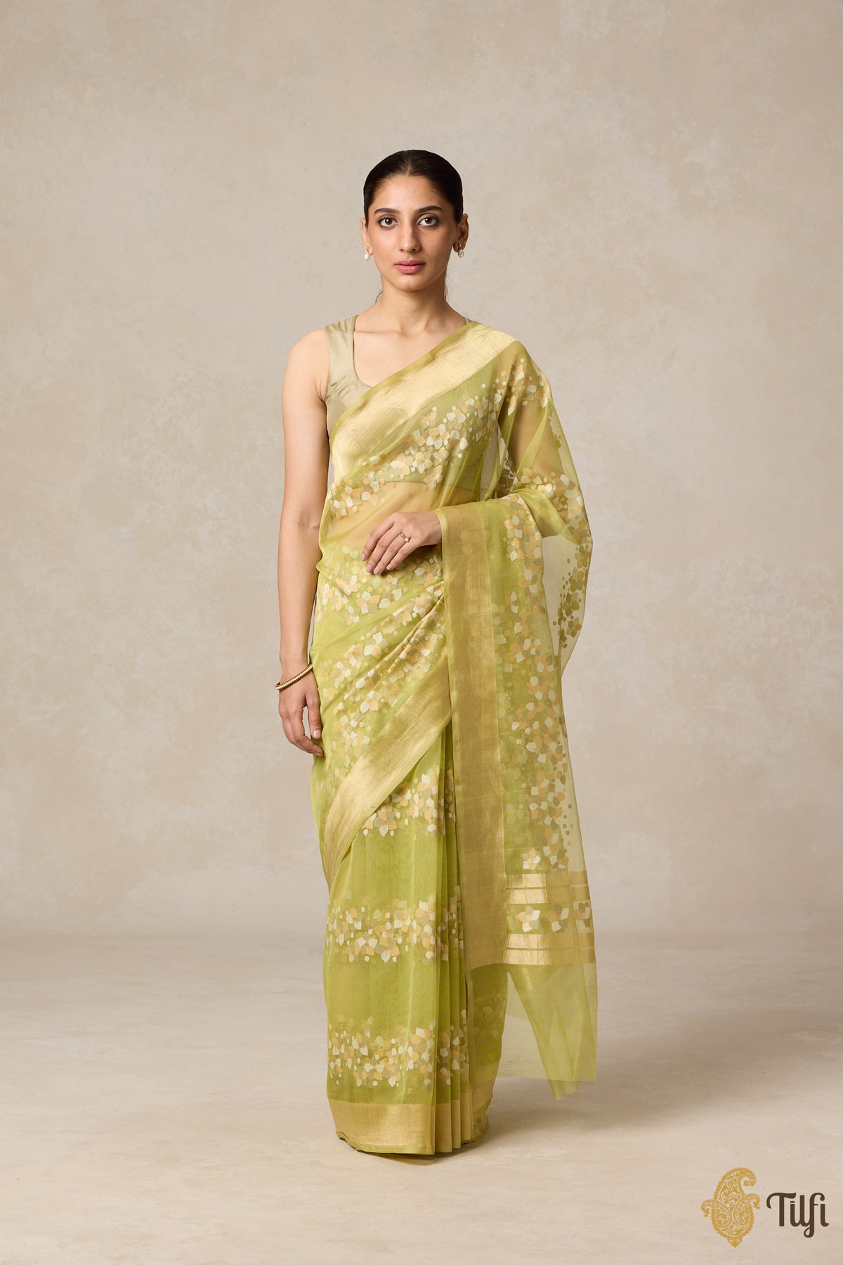 Pre-Order: &#39;A Flourish of Primroses&#39; Green Pure Kora Silk Net Banarasi Handloom Saree