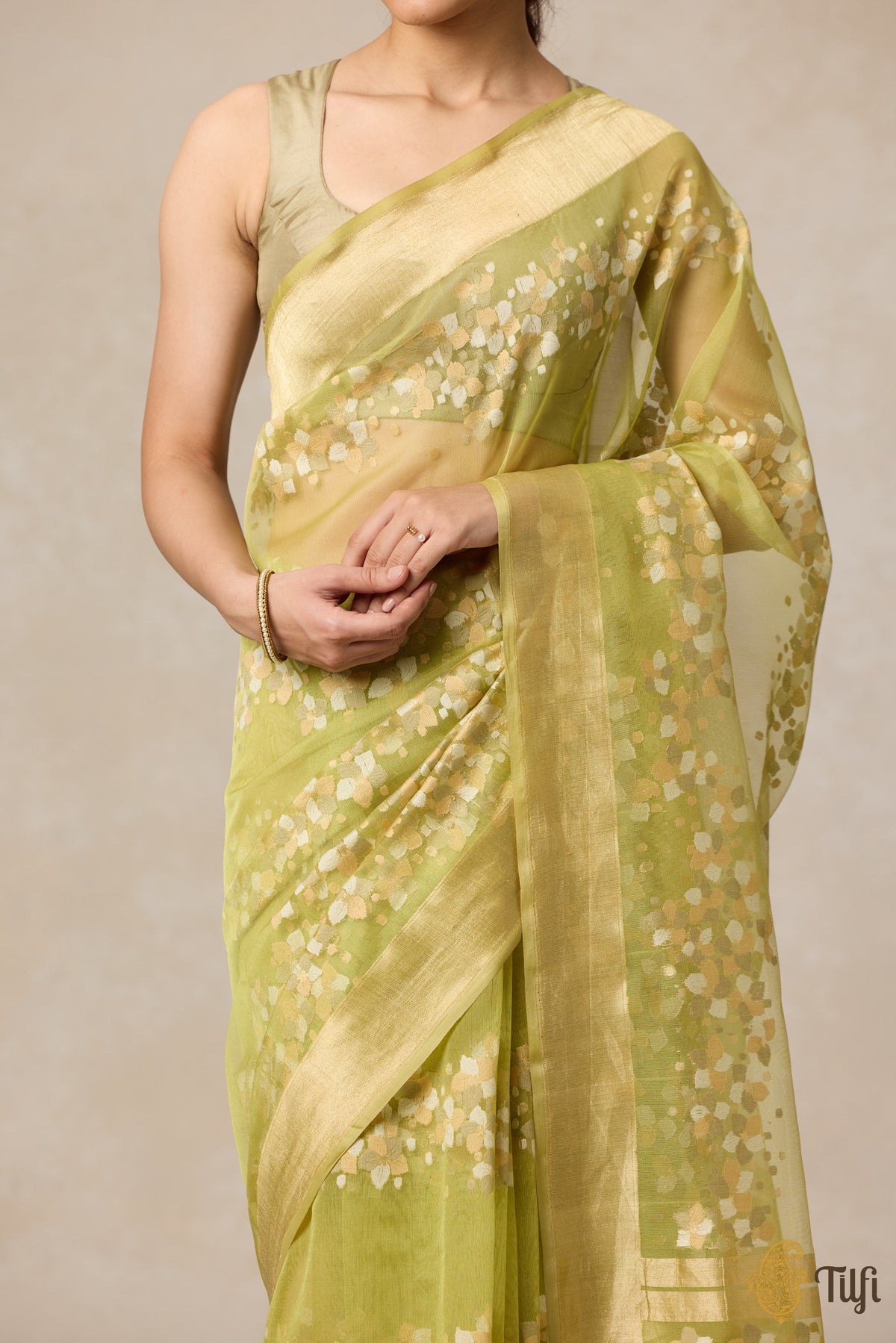 Pre-Order: &#39;A Flourish of Primroses&#39; Green Pure Kora Silk Net Banarasi Handloom Saree