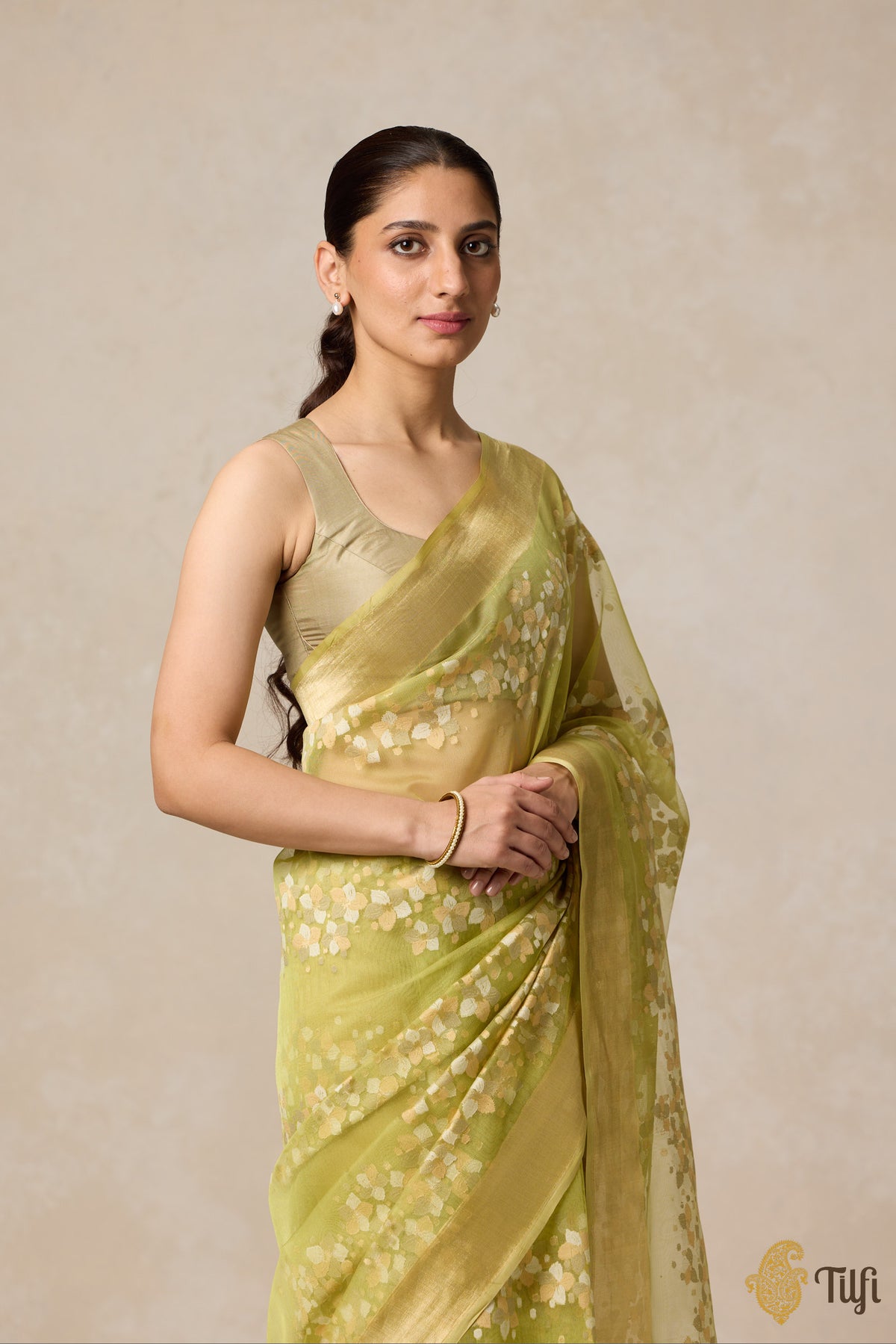 Pre-Order: &#39;A Flourish of Primroses&#39; Green Pure Kora Silk Net Banarasi Handloom Saree