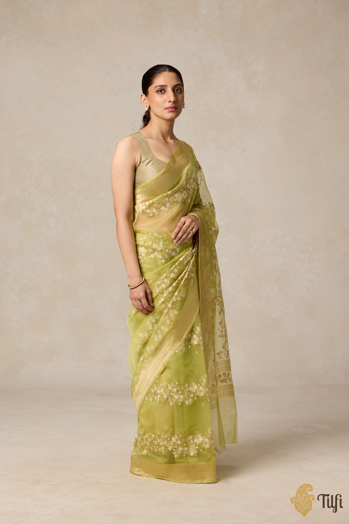 Pre-Order: &#39;A Flourish of Primroses&#39; Green Pure Kora Silk Net Banarasi Handloom Saree