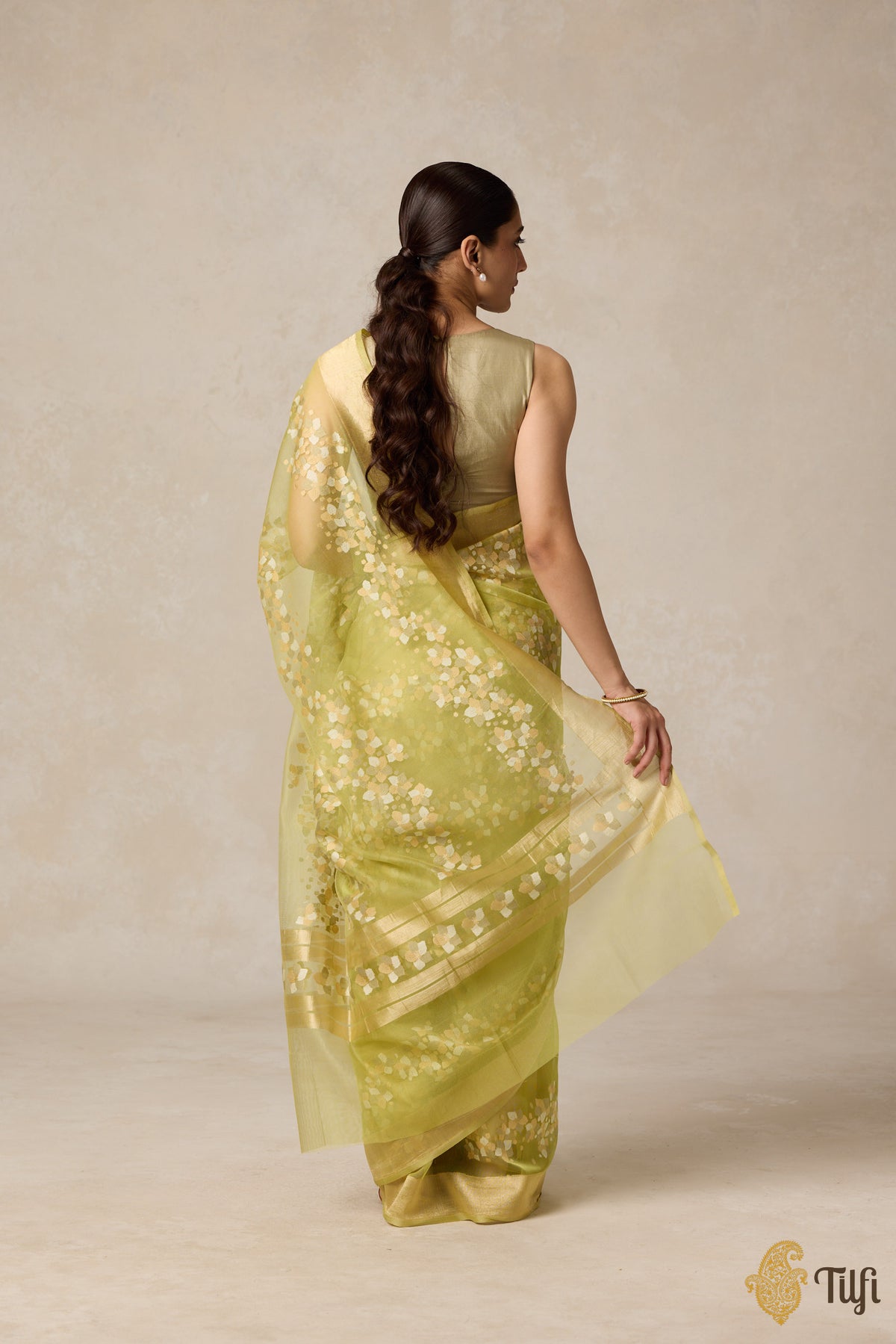 Pre-Order: &#39;A Flourish of Primroses&#39; Green Pure Kora Silk Net Banarasi Handloom Saree