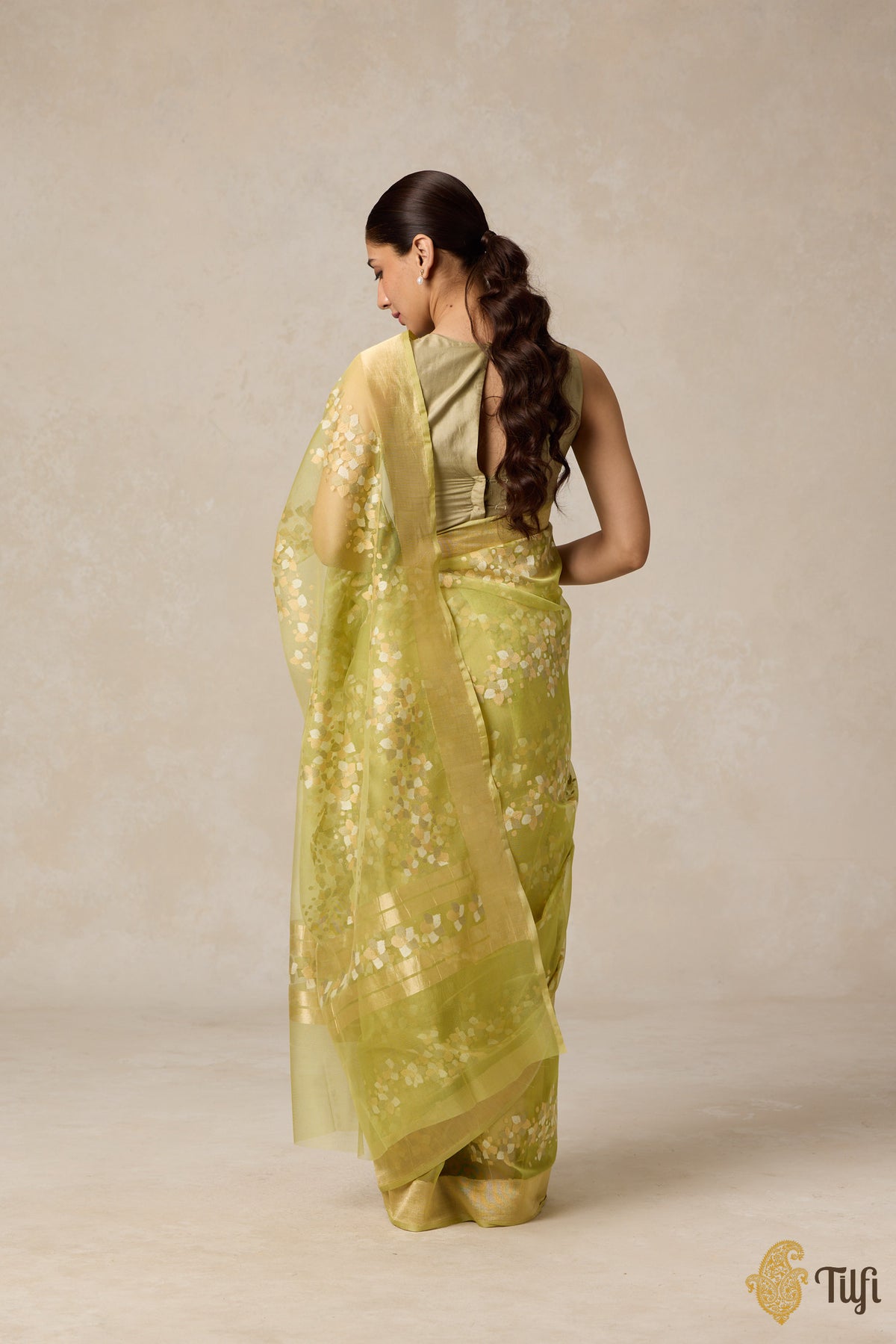 Pre-Order: &#39;A Flourish of Primroses&#39; Green Pure Kora Silk Net Banarasi Handloom Saree