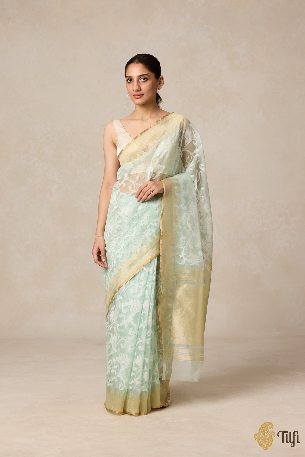 Mint Green Pure Kora Silk Net Banarasi Handloom Saree