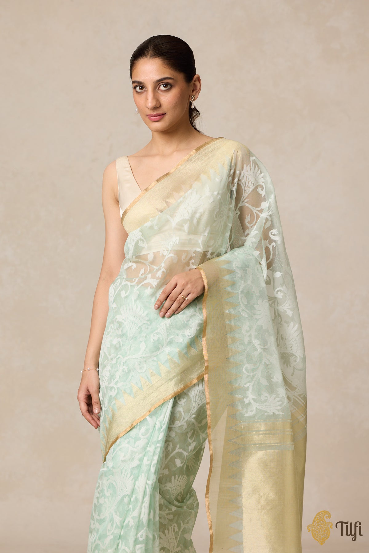 Mint Green Pure Kora Silk Net Banarasi Handloom Saree