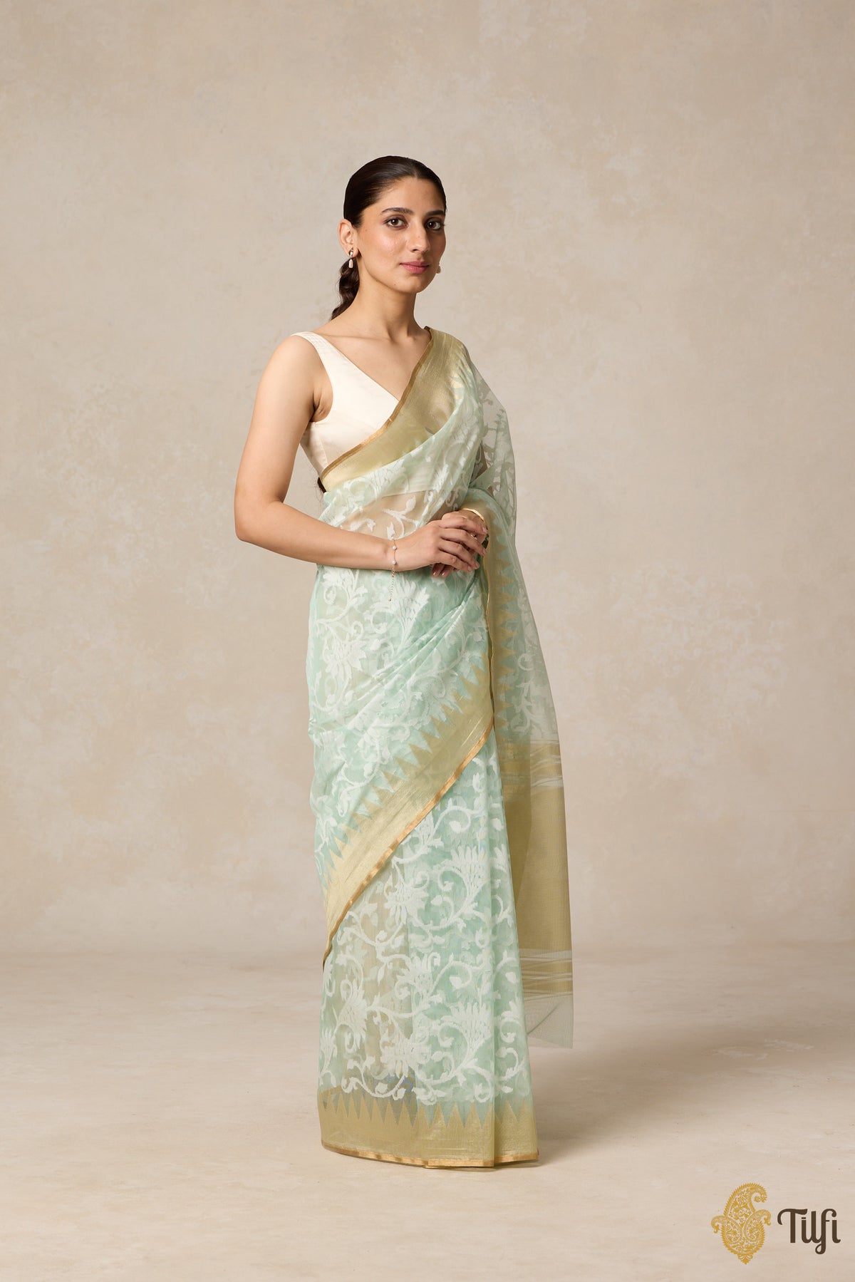 Mint Green Pure Kora Silk Net Banarasi Handloom Saree