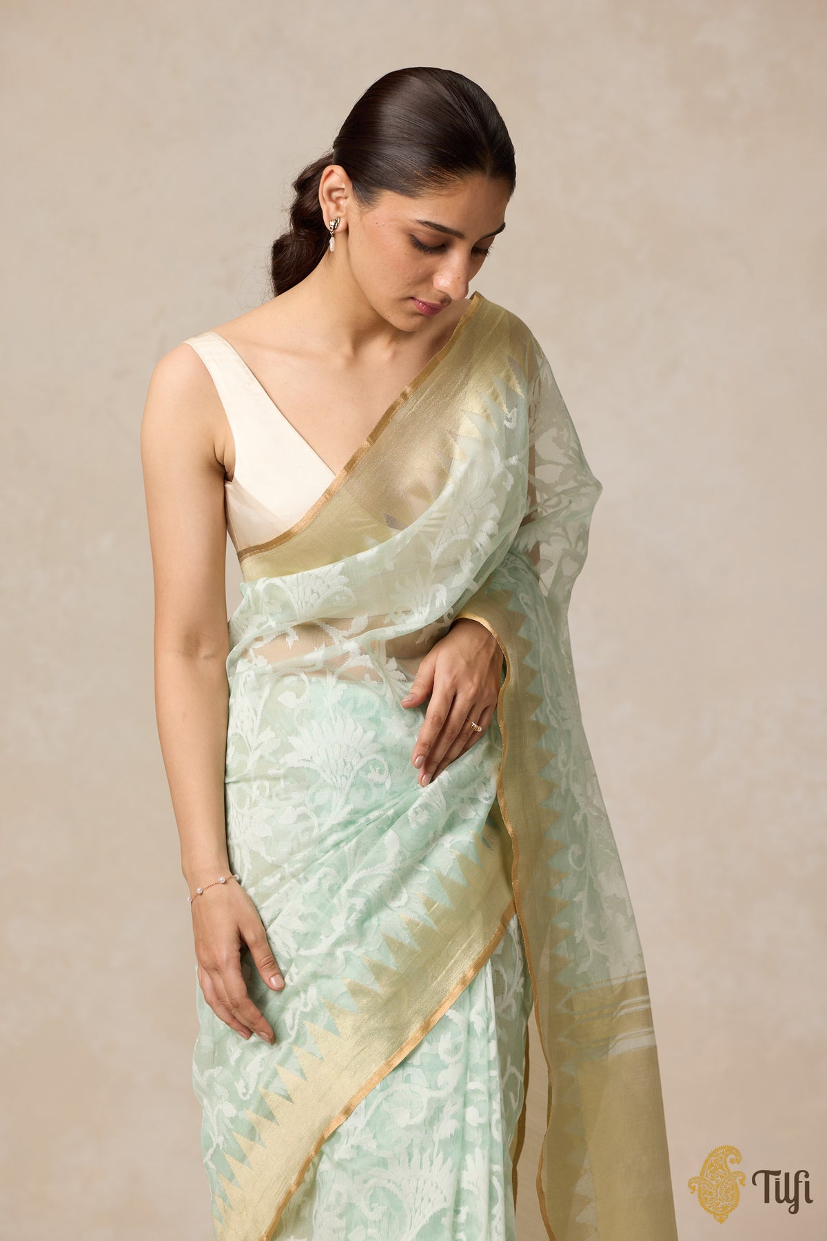 Mint Green Pure Kora Silk Net Banarasi Handloom Saree