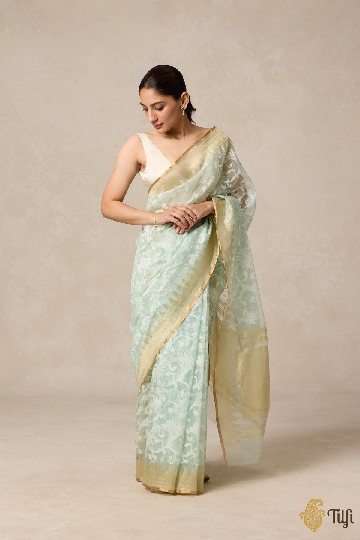 Mint Green Pure Kora Silk Net Banarasi Handloom Saree