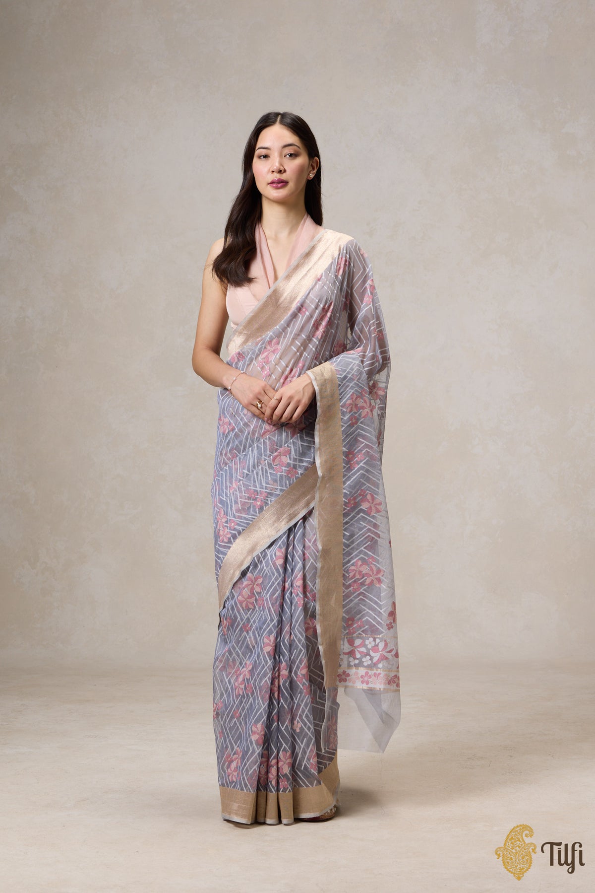 &#39;A Cascade of Geraniums&#39; Grey Pure Kora Silk Net Banarasi Handloom Saree