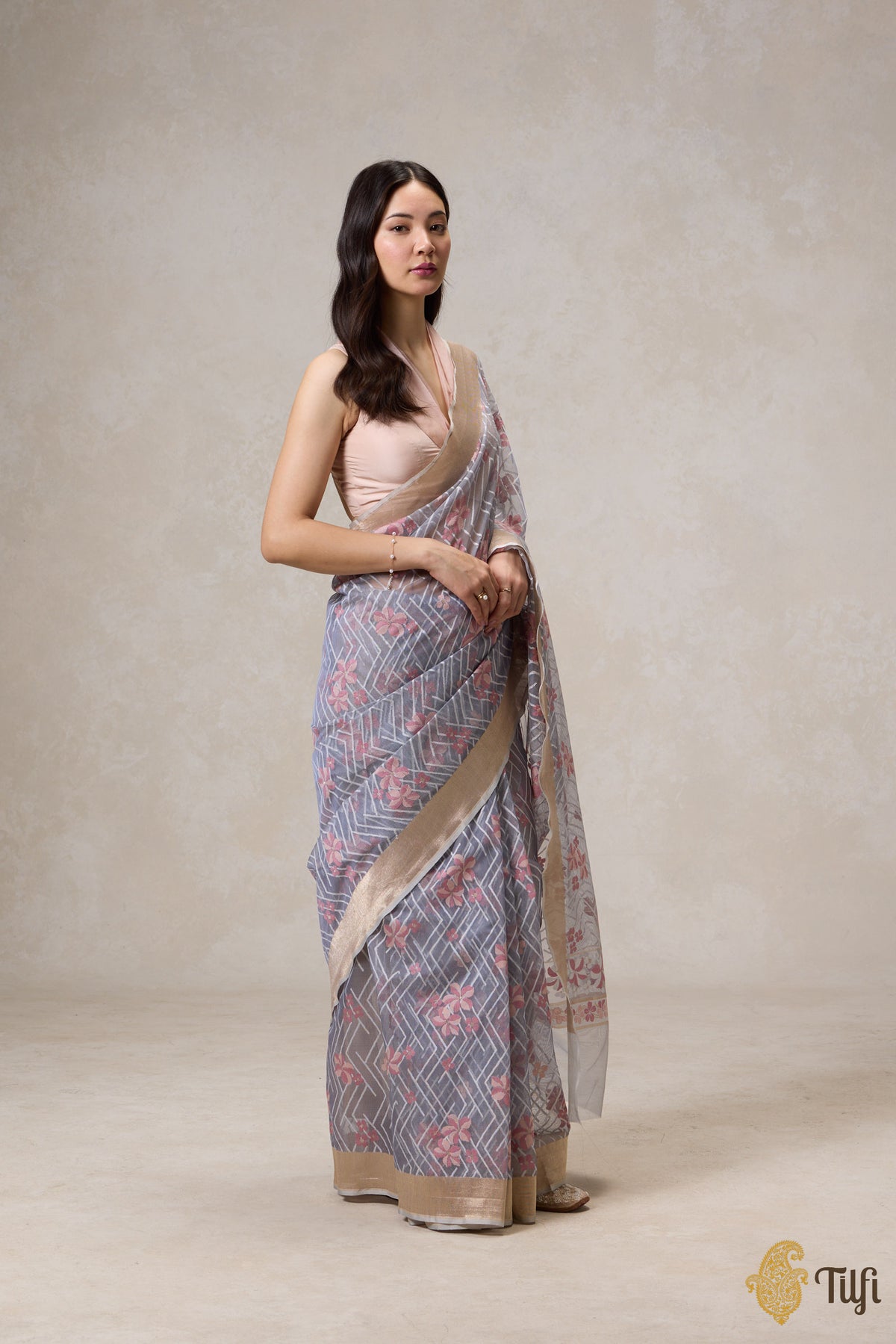 &#39;A Cascade of Geraniums&#39; Grey Pure Kora Silk Net Banarasi Handloom Saree