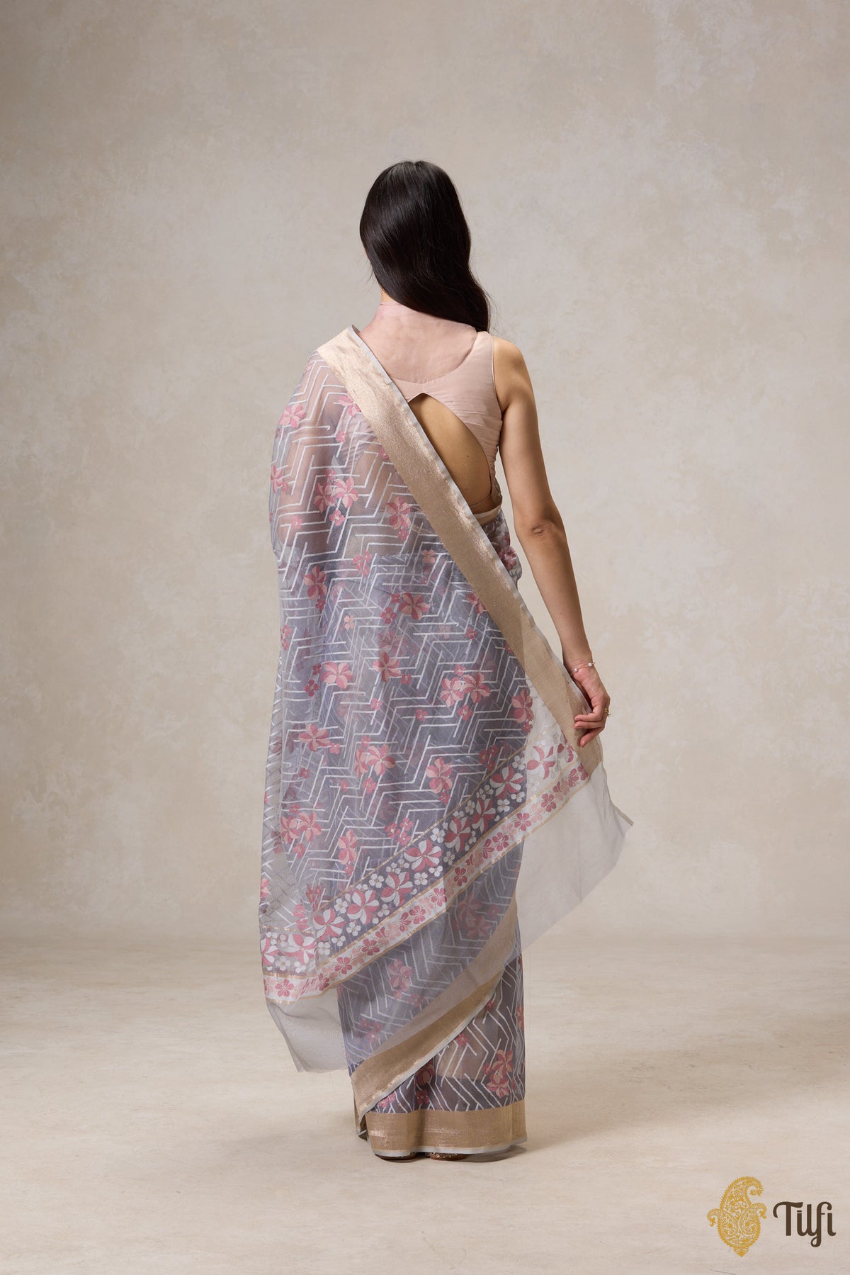 &#39;A Cascade of Geraniums&#39; Grey Pure Kora Silk Net Banarasi Handloom Saree