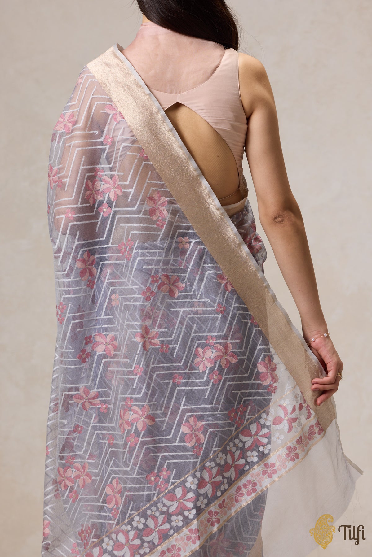 &#39;A Cascade of Geraniums&#39; Grey Pure Kora Silk Net Banarasi Handloom Saree