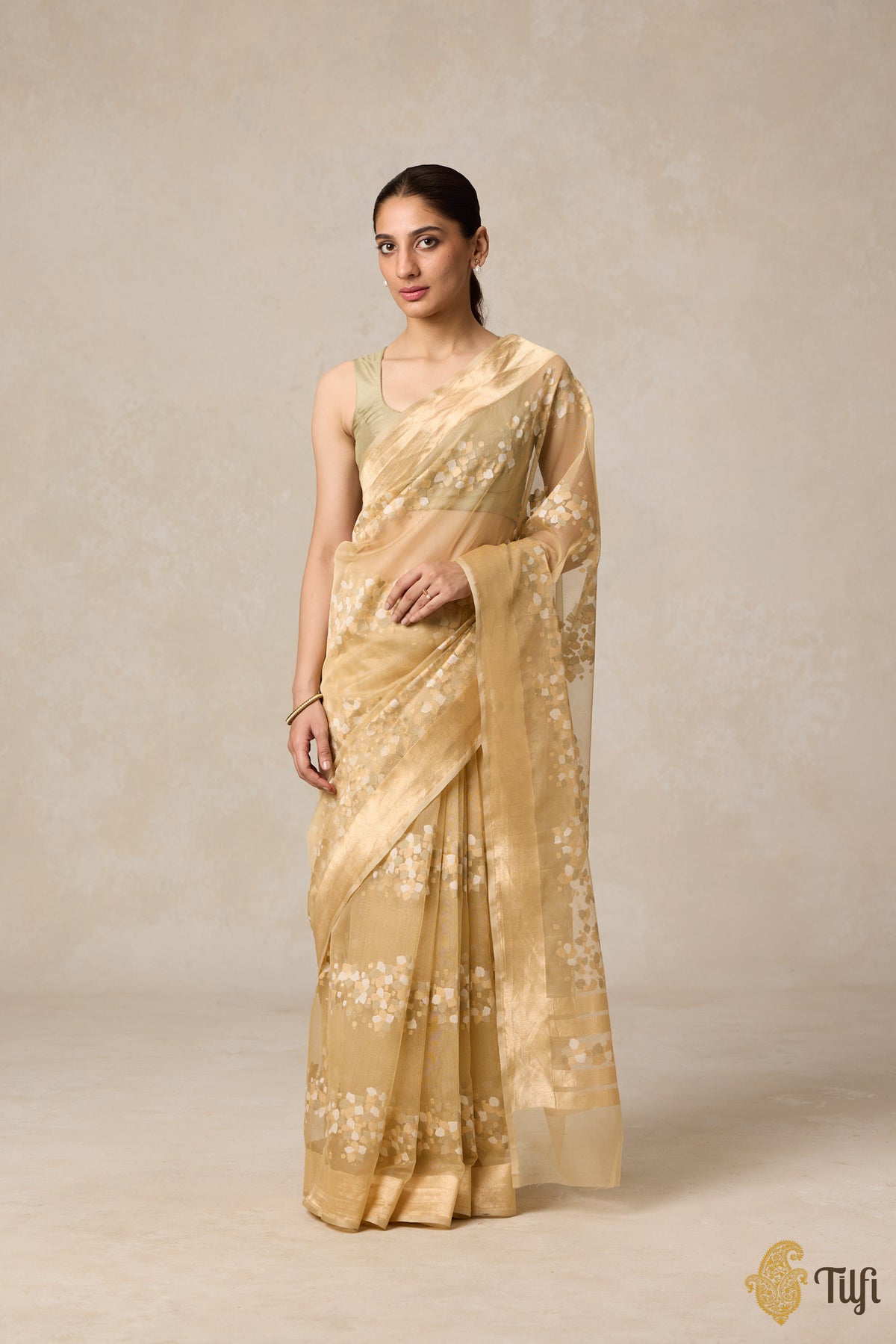 Pre-Order: &#39;A Flourish of Primroses&#39; Beige Pure Kora Silk Net Banarasi Handloom Saree