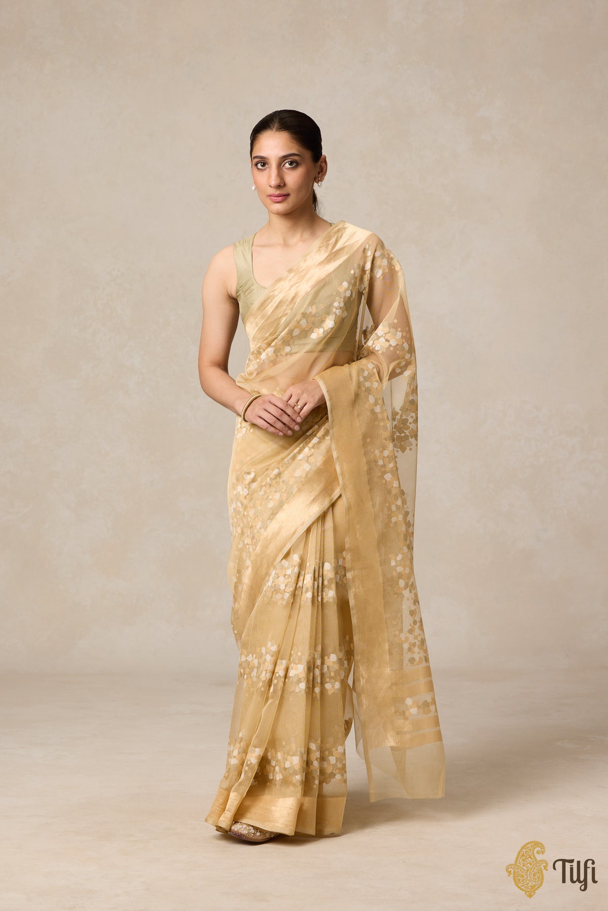 Pre-Order: &#39;A Flourish of Primroses&#39; Beige Pure Kora Silk Net Banarasi Handloom Saree