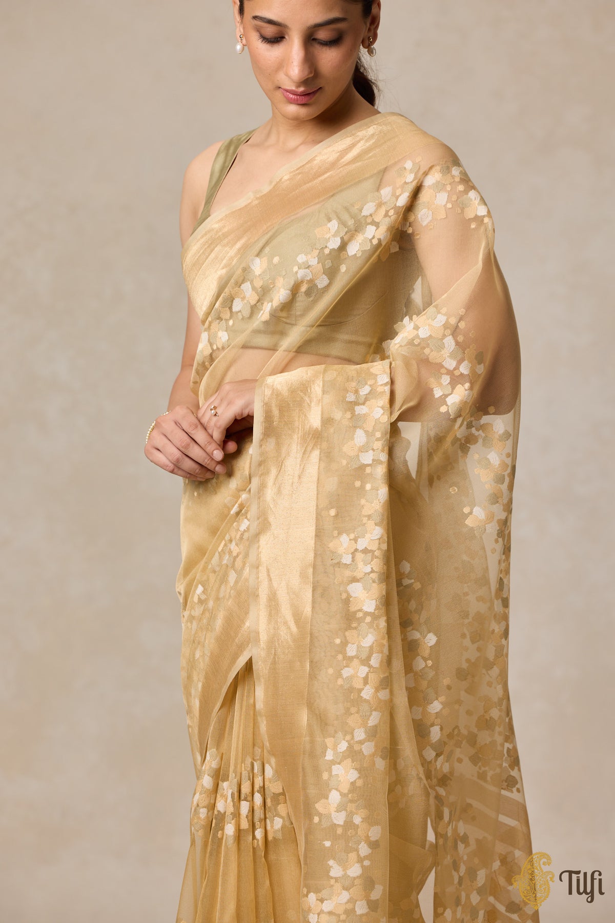 Pre-Order: &#39;A Flourish of Primroses&#39; Beige Pure Kora Silk Net Banarasi Handloom Saree