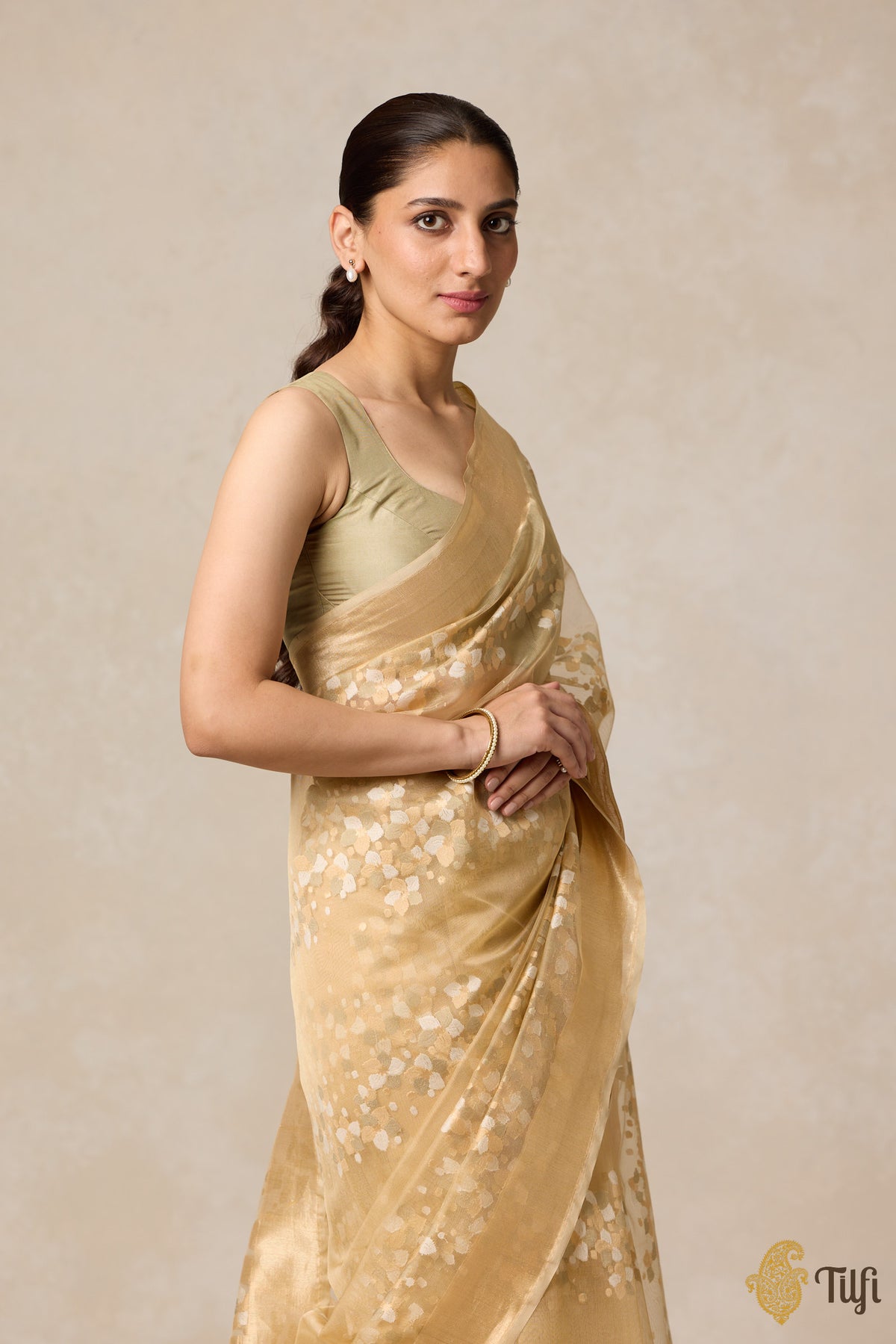 Pre-Order: &#39;A Flourish of Primroses&#39; Beige Pure Kora Silk Net Banarasi Handloom Saree