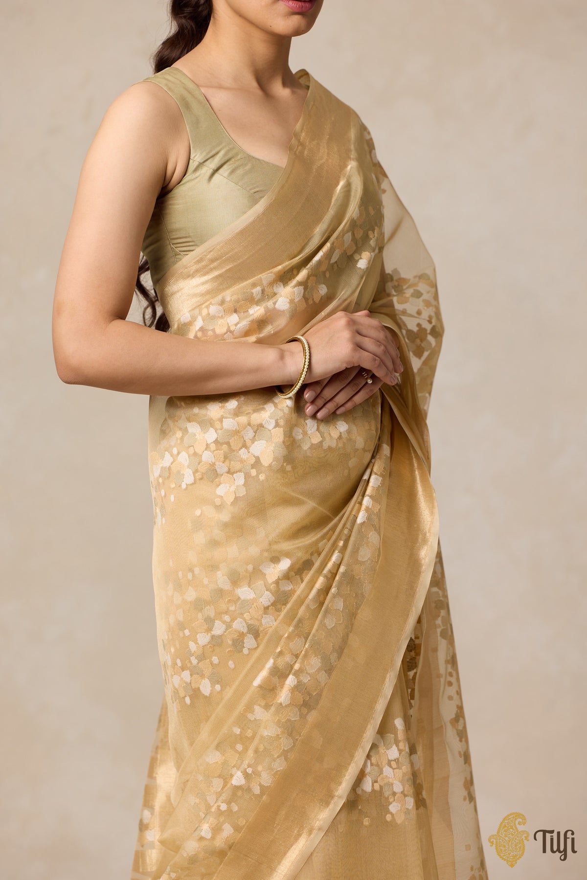 Pre-Order: &#39;A Flourish of Primroses&#39; Beige Pure Kora Silk Net Banarasi Handloom Saree