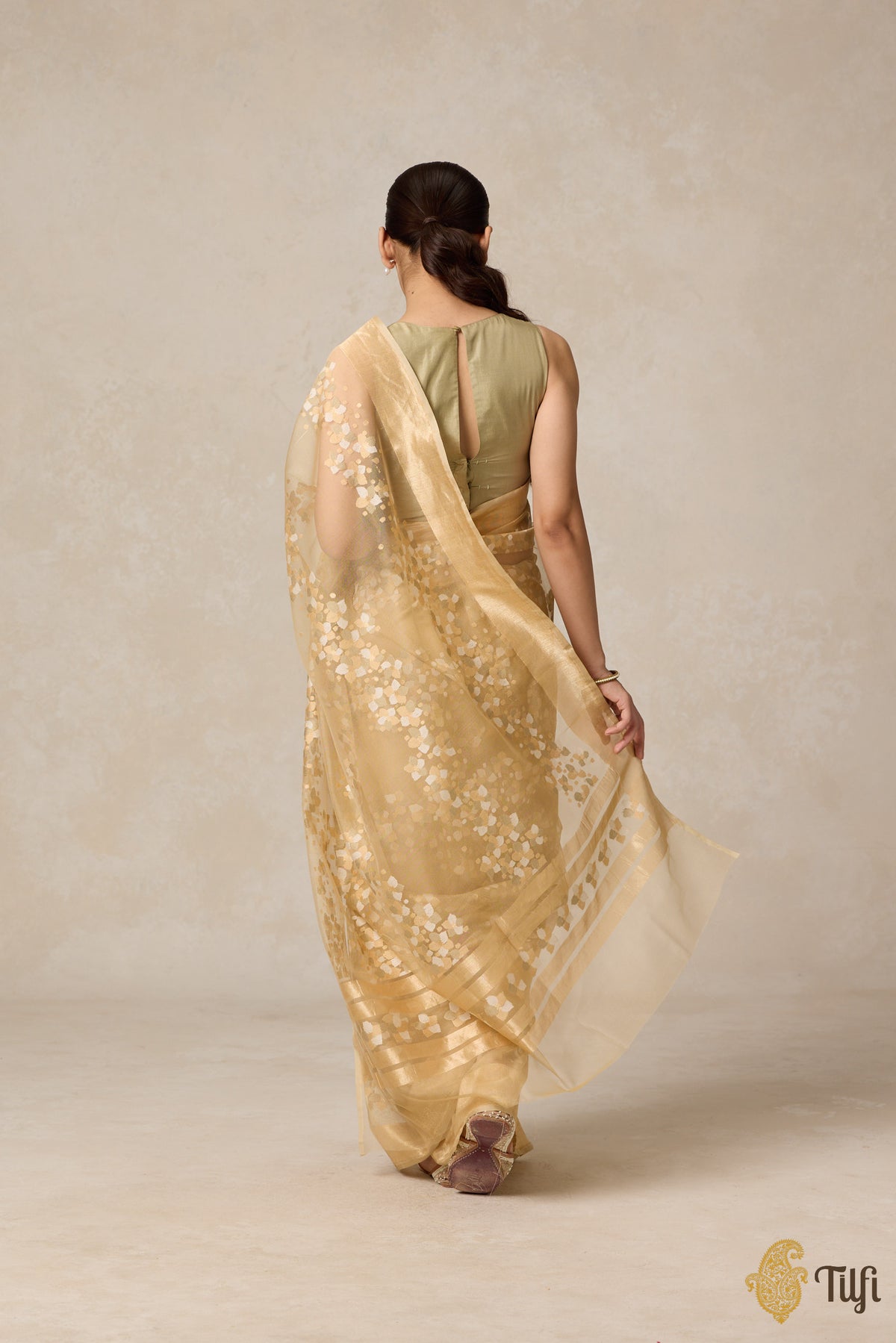 Pre-Order: &#39;A Flourish of Primroses&#39; Beige Pure Kora Silk Net Banarasi Handloom Saree