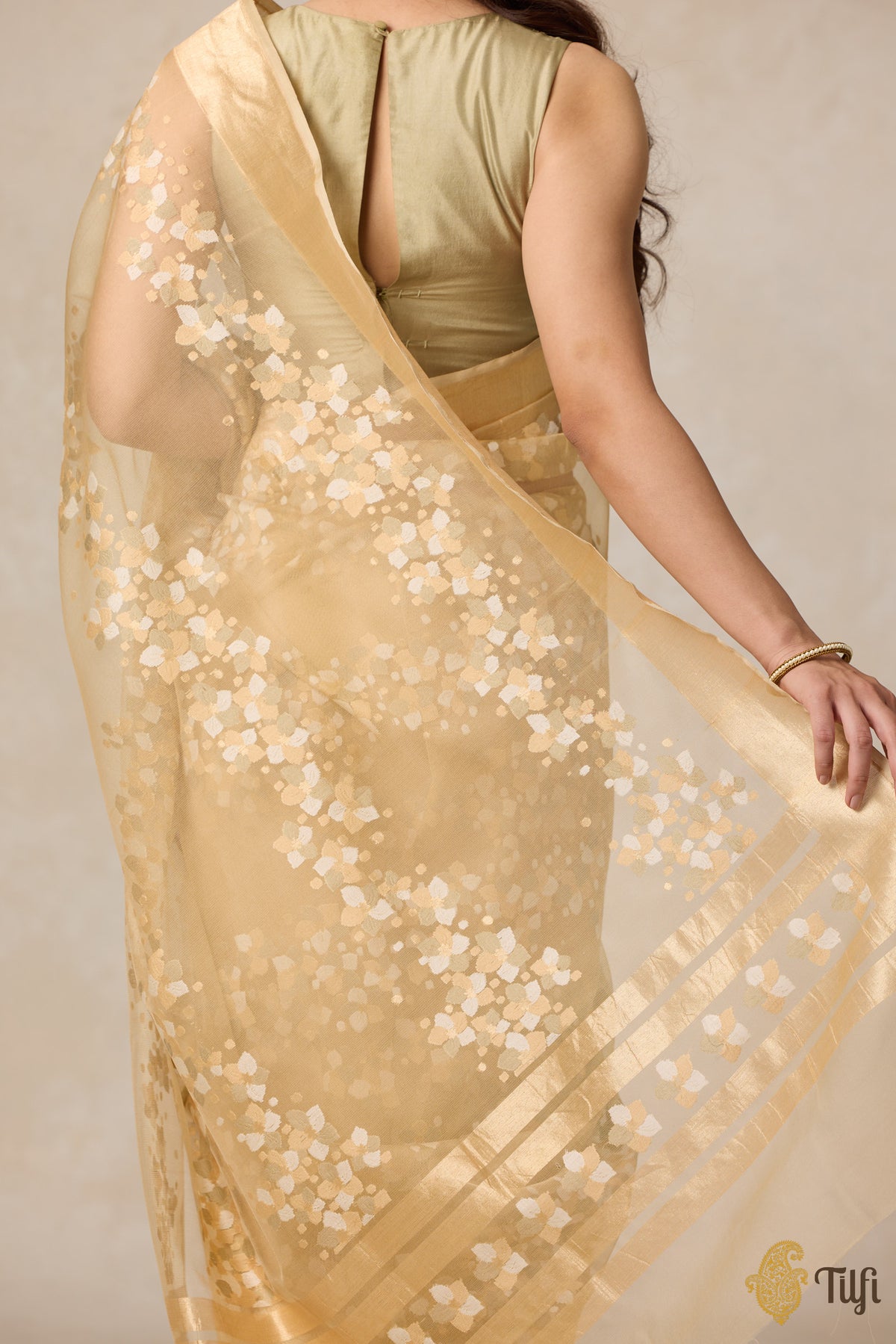 Pre-Order: &#39;A Flourish of Primroses&#39; Beige Pure Kora Silk Net Banarasi Handloom Saree