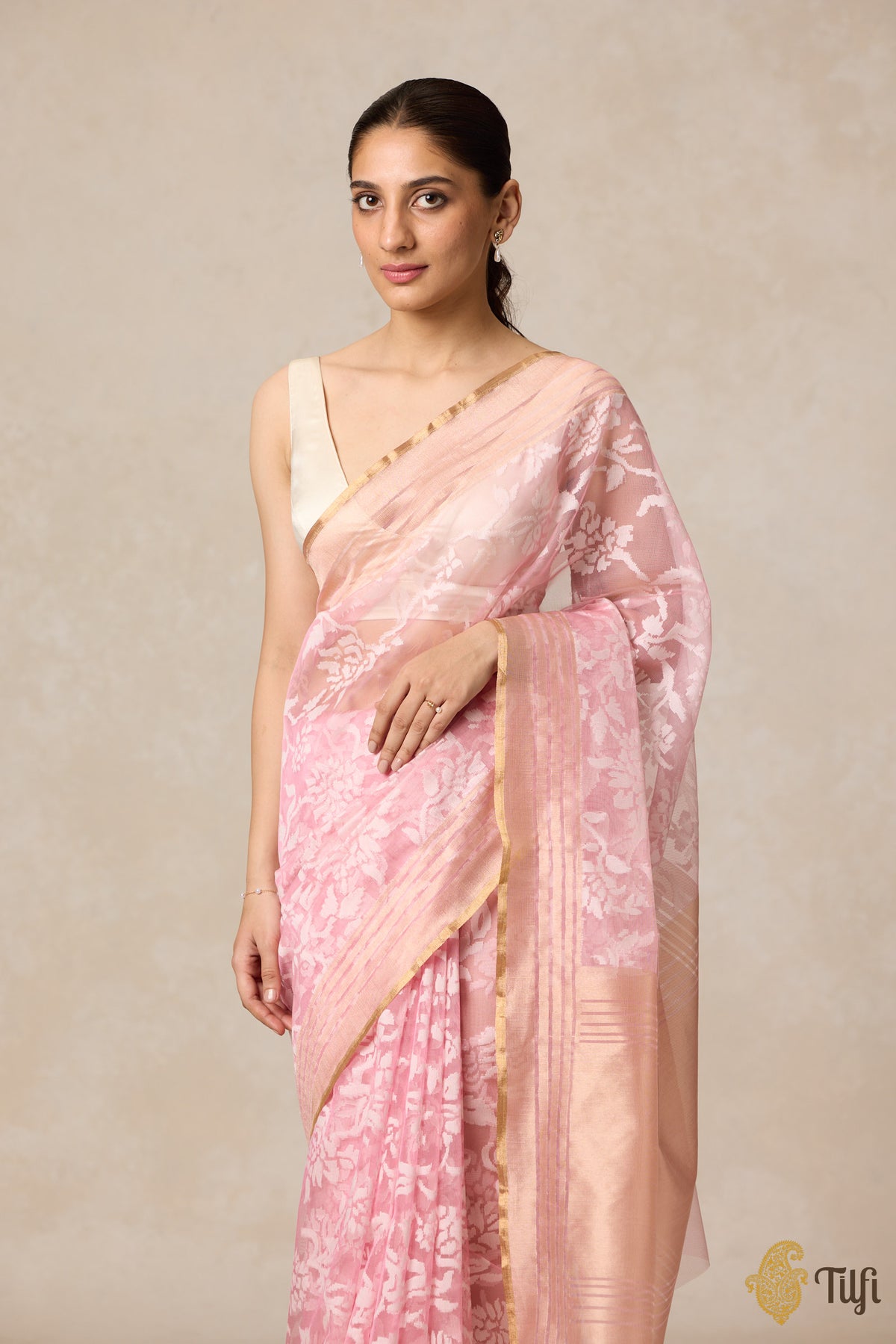 Pink Pure Kora Silk Net Banarasi Handloom Saree