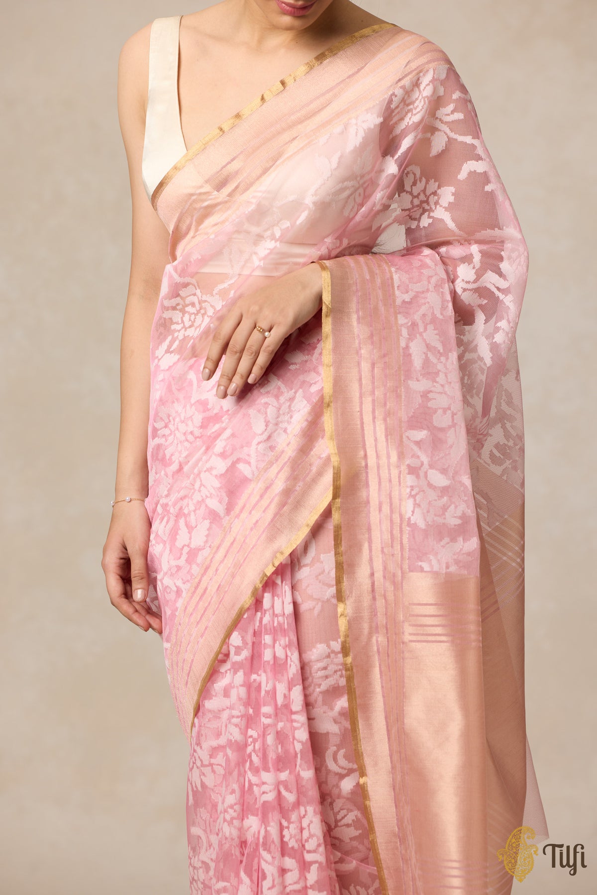 Pink Pure Kora Silk Net Banarasi Handloom Saree