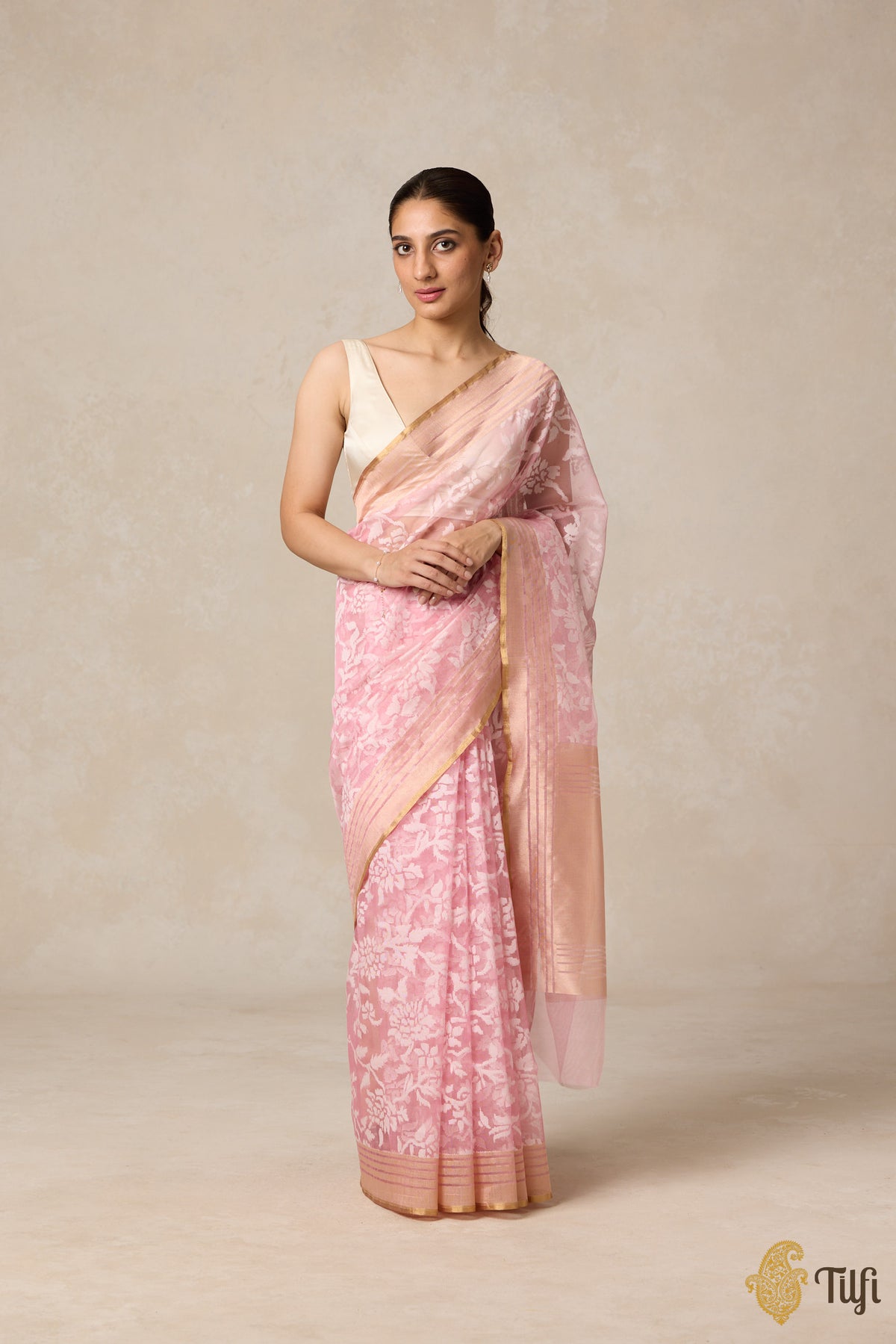 Pink Pure Kora Silk Net Banarasi Handloom Saree