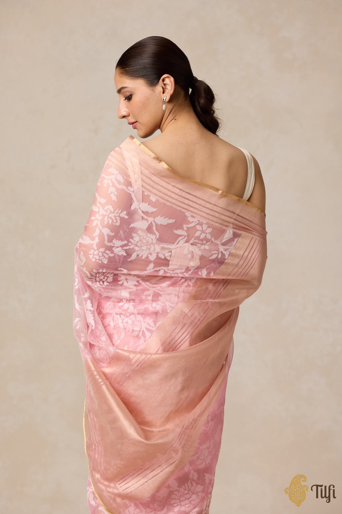 Pink Pure Kora Silk Net Banarasi Handloom Saree