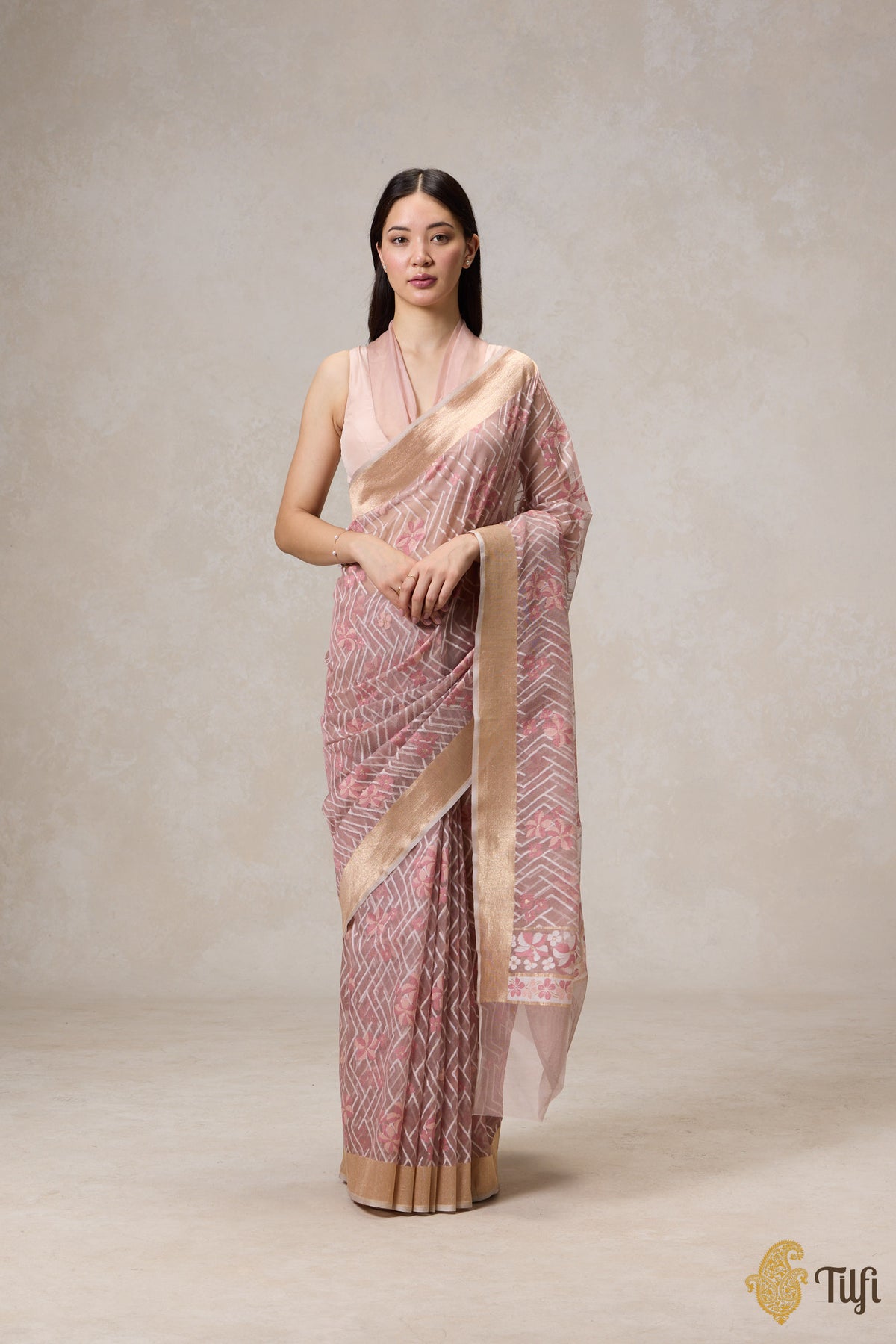 &#39;A Cascade of Geraniums&#39; Pastel Pink Pure Kora Silk Net Banarasi Handloom Saree