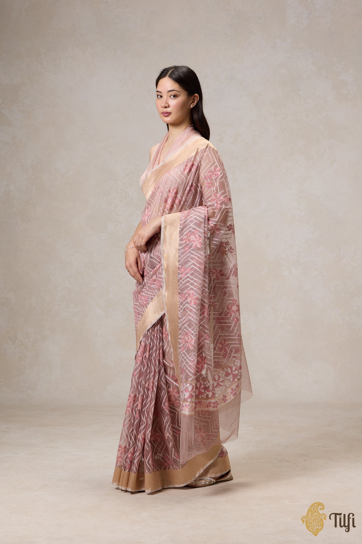 &#39;A Cascade of Geraniums&#39; Pastel Pink Pure Kora Silk Net Banarasi Handloom Saree