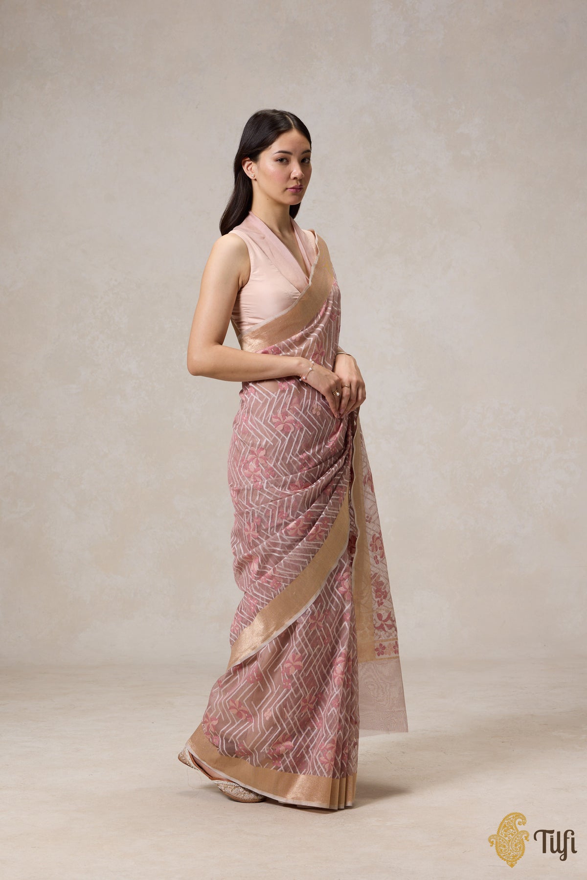 &#39;A Cascade of Geraniums&#39; Pastel Pink Pure Kora Silk Net Banarasi Handloom Saree