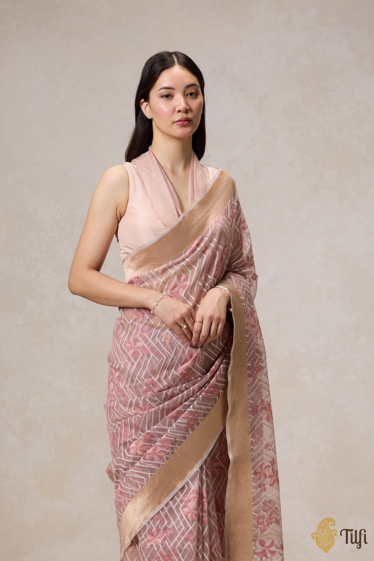 &#39;A Cascade of Geraniums&#39; Pastel Pink Pure Kora Silk Net Banarasi Handloom Saree