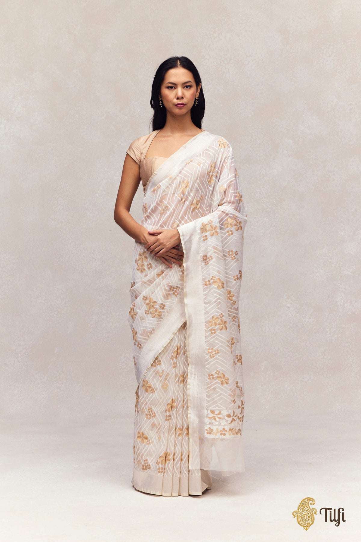 'A Cascade of Geraniums' White Pure Kora Silk Net Banarasi Handloom Saree