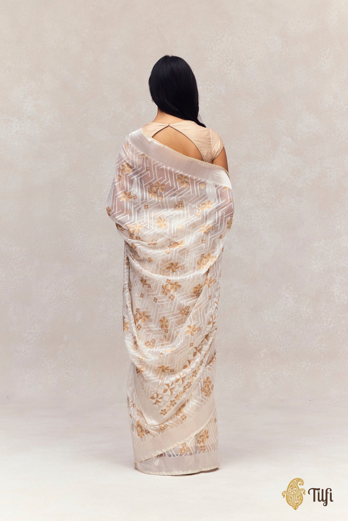 'A Cascade of Geraniums' White Pure Kora Silk Net Banarasi Handloom Saree