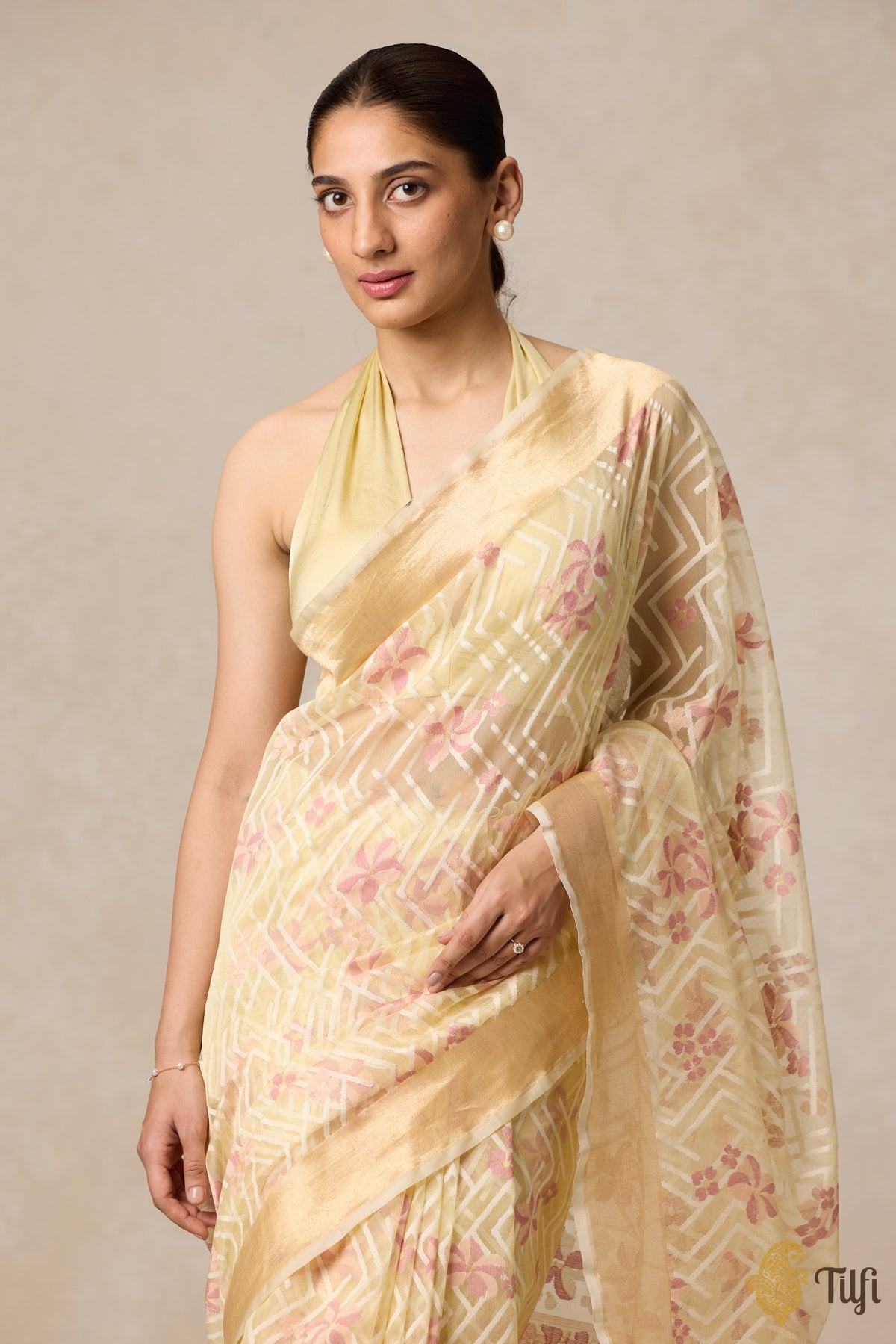 &#39;A Cascade of Geraniums&#39; Pastel Yellow Pure Kora Silk Net Banarasi Handloom Saree