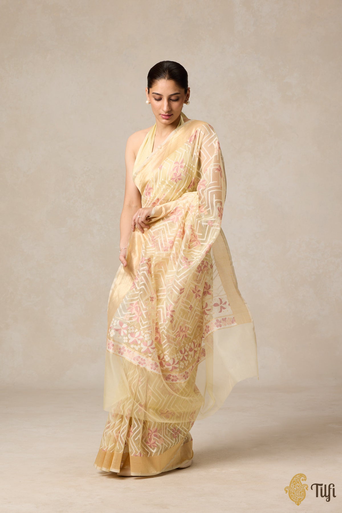 &#39;A Cascade of Geraniums&#39; Pastel Yellow Pure Kora Silk Net Banarasi Handloom Saree