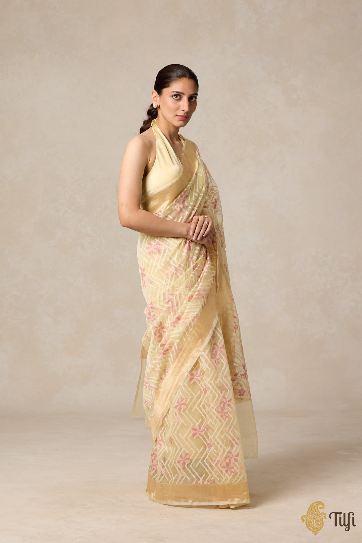 &#39;A Cascade of Geraniums&#39; Pastel Yellow Pure Kora Silk Net Banarasi Handloom Saree