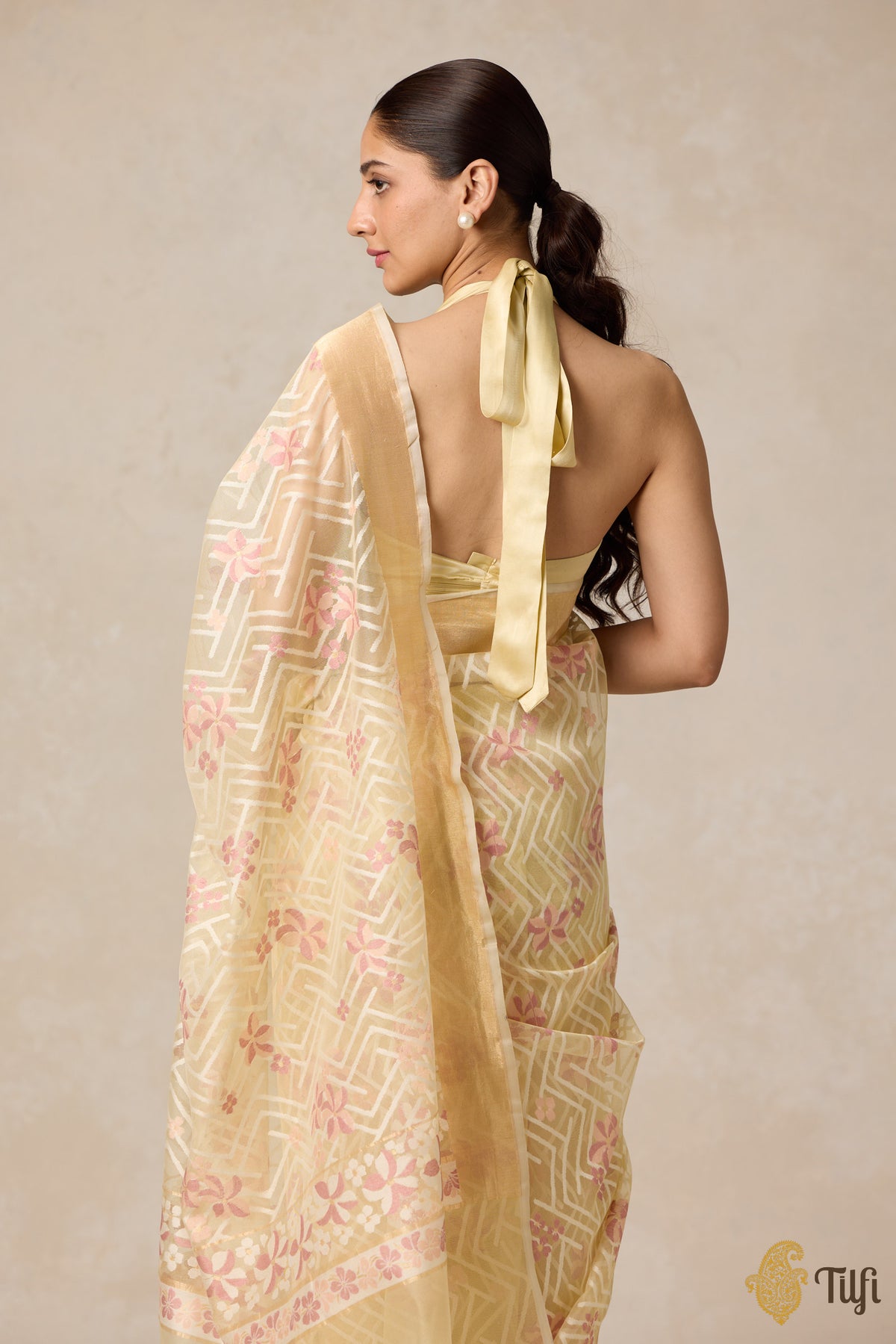 &#39;A Cascade of Geraniums&#39; Pastel Yellow Pure Kora Silk Net Banarasi Handloom Saree