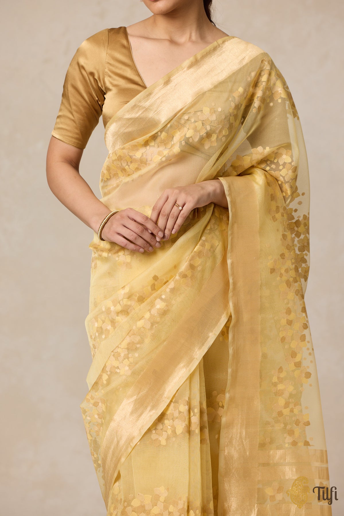 Pre-Order: &#39;A Flourish of Primroses&#39; Ivory-Yellow Pure Kora Silk Net Banarasi Handloom Saree