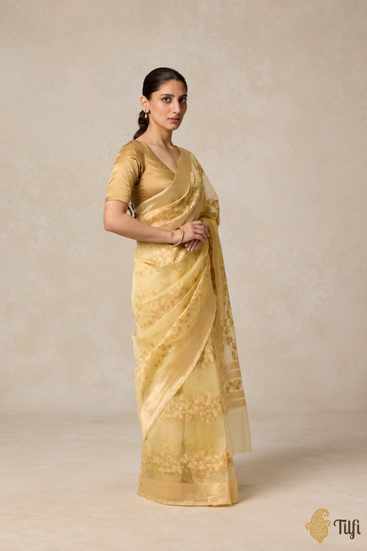 Pre-Order: &#39;A Flourish of Primroses&#39; Ivory-Yellow Pure Kora Silk Net Banarasi Handloom Saree