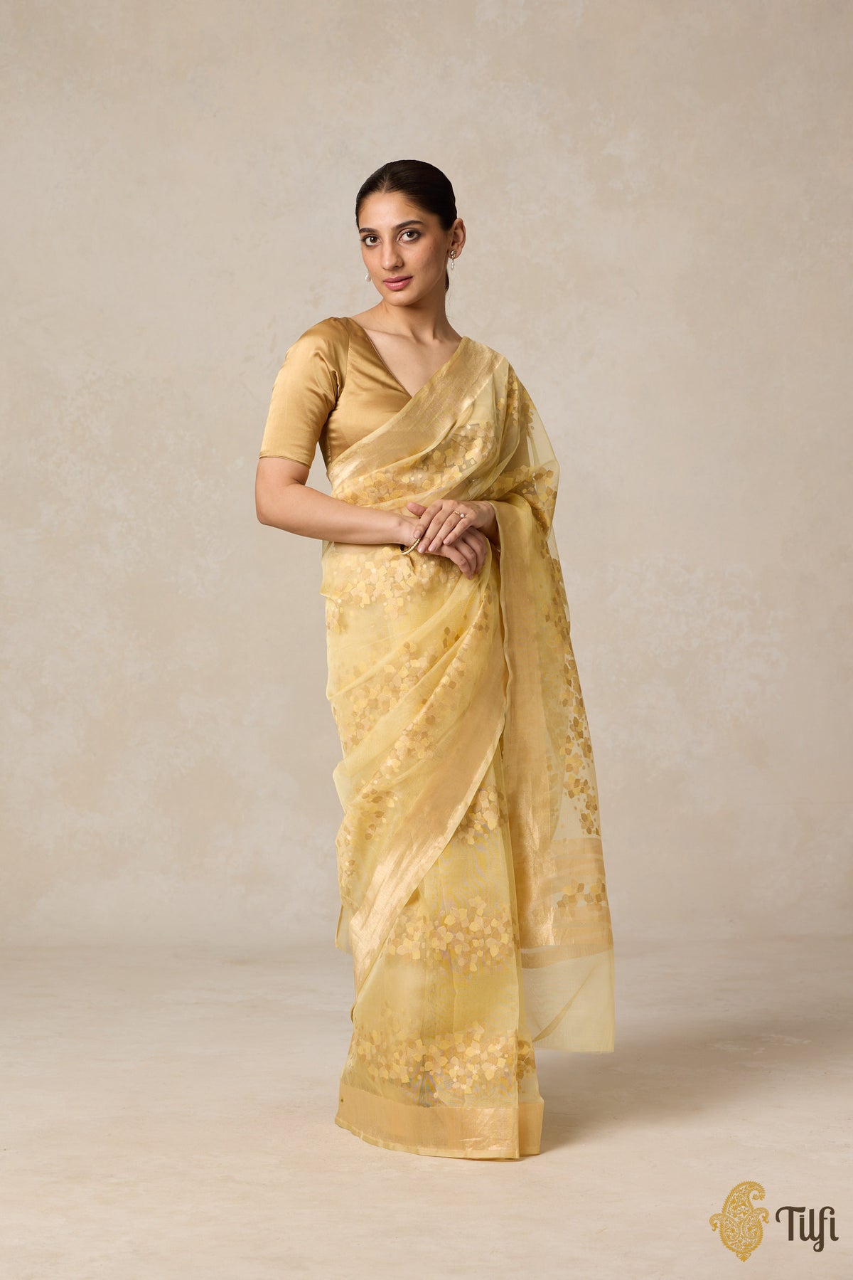 Pre-Order: &#39;A Flourish of Primroses&#39; Ivory-Yellow Pure Kora Silk Net Banarasi Handloom Saree