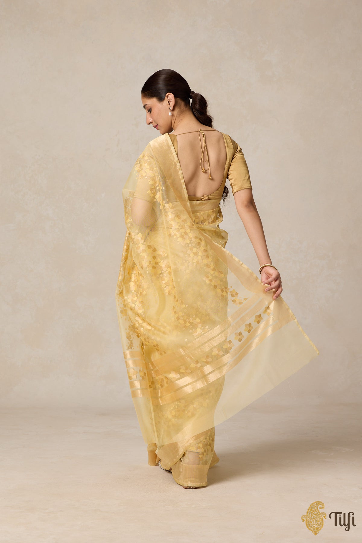 Pre-Order: &#39;A Flourish of Primroses&#39; Ivory-Yellow Pure Kora Silk Net Banarasi Handloom Saree