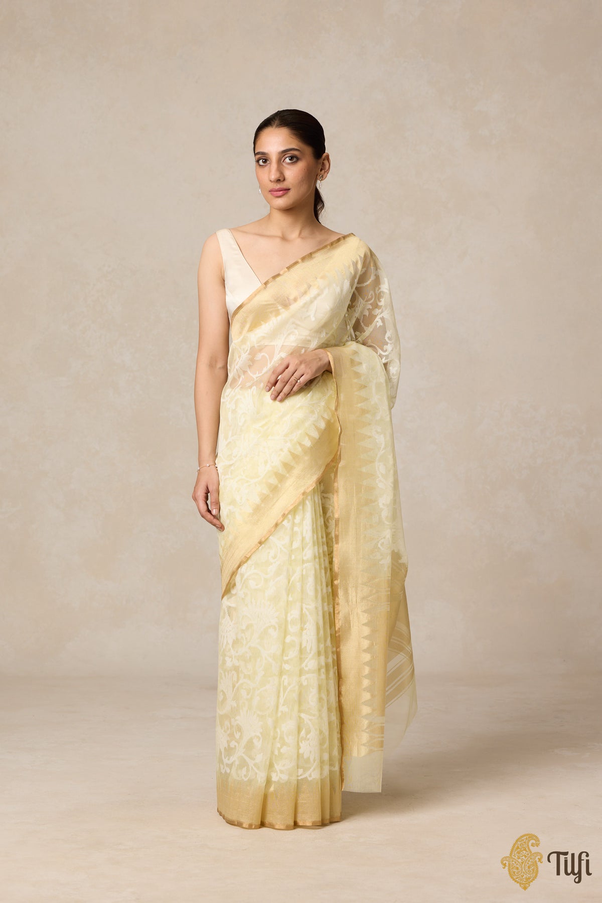 Ivory-Yellow Pure Kora Silk Net Banarasi Handloom Saree