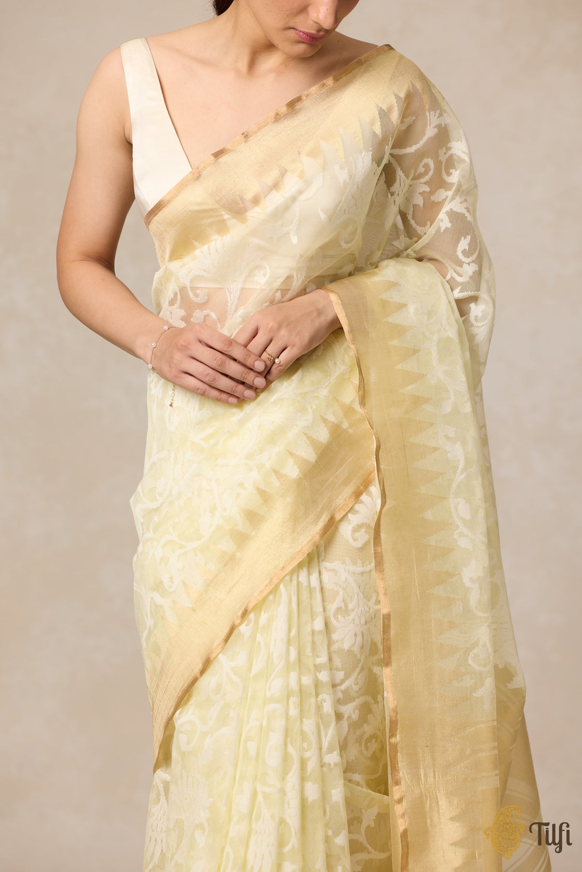 Ivory-Yellow Pure Kora Silk Net Banarasi Handloom Saree