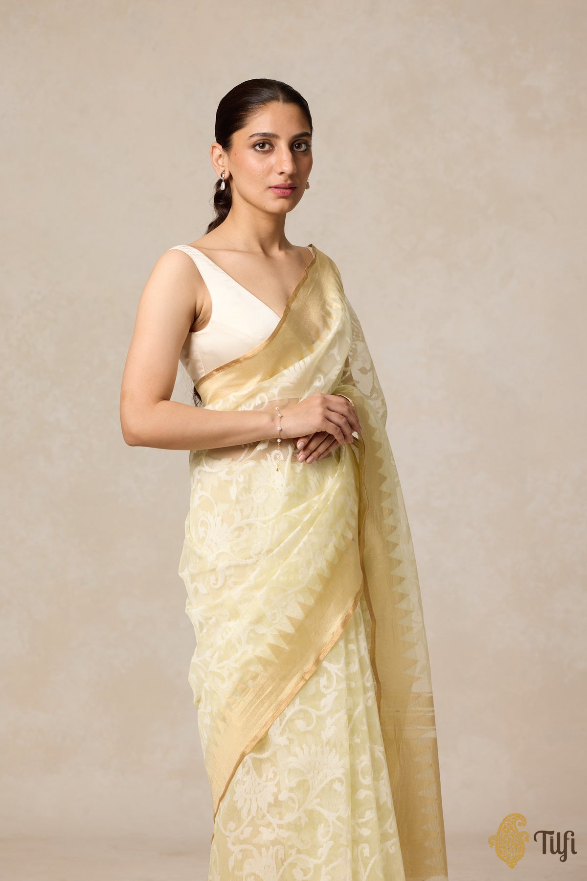 Ivory-Yellow Pure Kora Silk Net Banarasi Handloom Saree