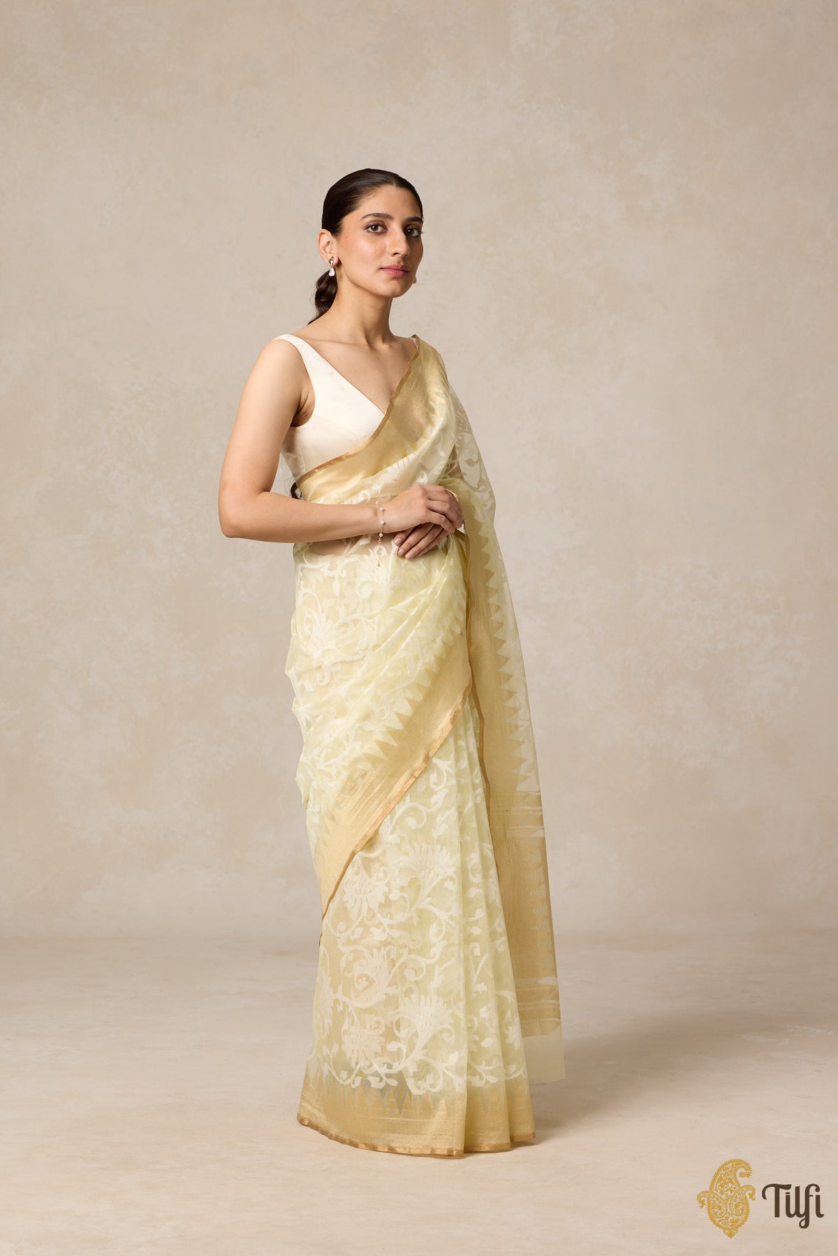 Ivory-Yellow Pure Kora Silk Net Banarasi Handloom Saree