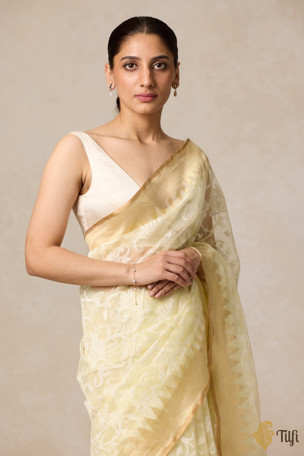 Ivory-Yellow Pure Kora Silk Net Banarasi Handloom Saree