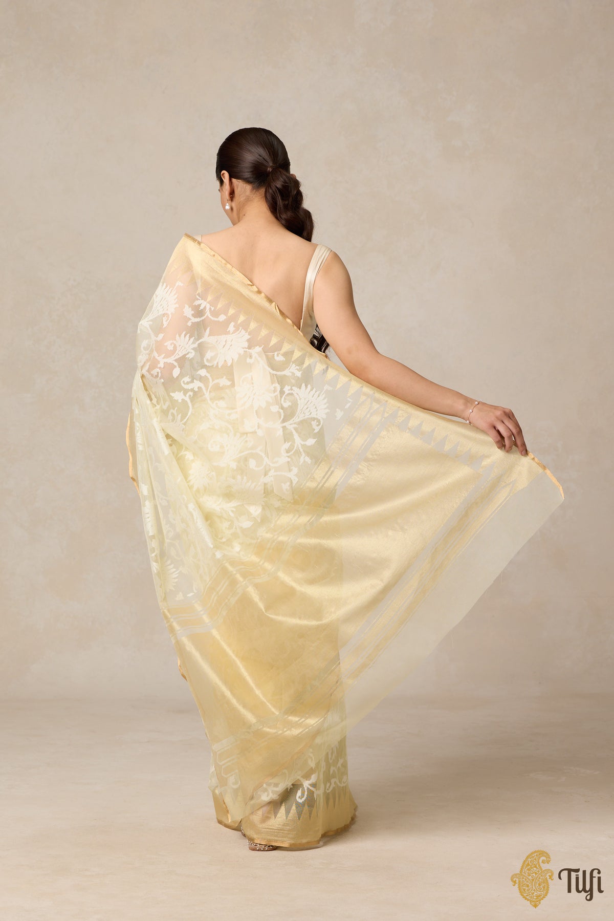 Ivory-Yellow Pure Kora Silk Net Banarasi Handloom Saree