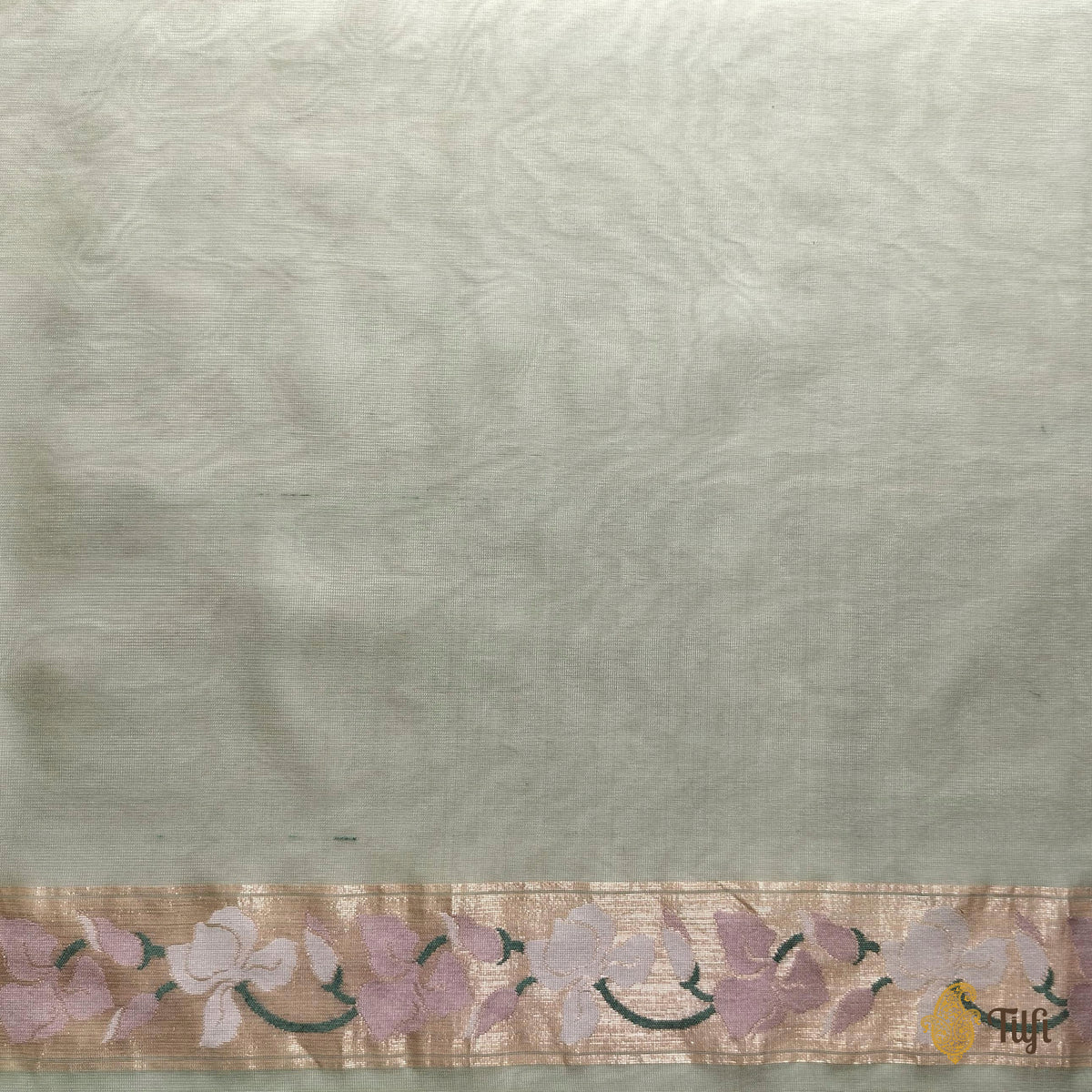 'A Sweep of Irises' Sage Green Pure Kora Silk Net Banarasi Handloom Saree