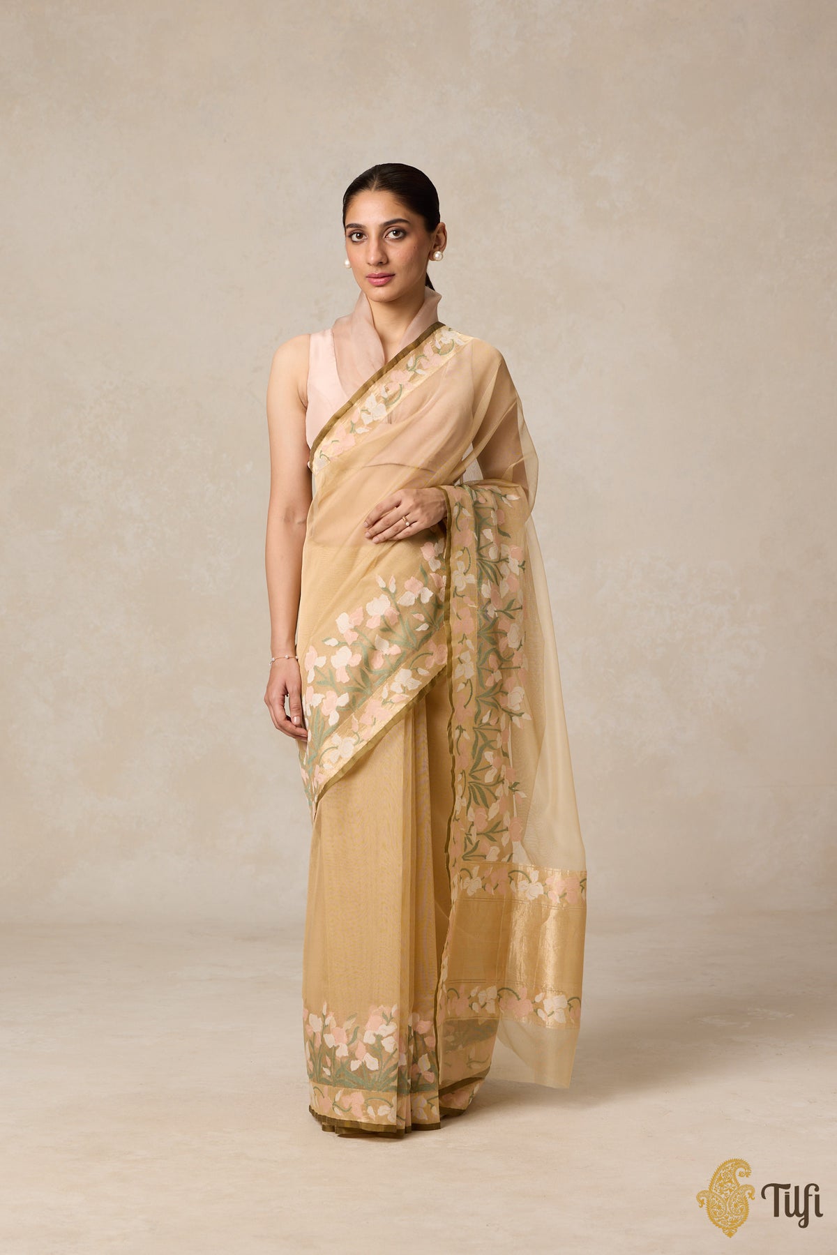 Pre-Order: &#39;A Sweep of Irises&#39; Beige Pure Kora Silk Net Banarasi Handloom Saree