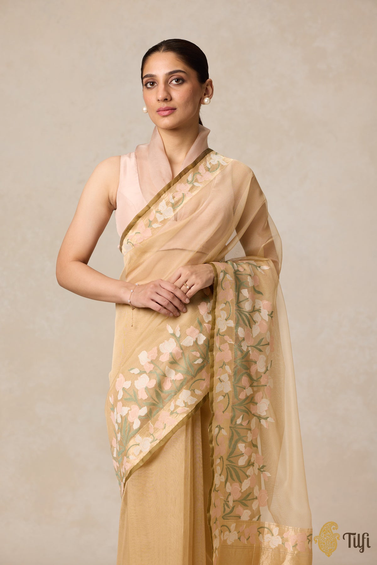 Pre-Order: &#39;A Sweep of Irises&#39; Beige Pure Kora Silk Net Banarasi Handloom Saree